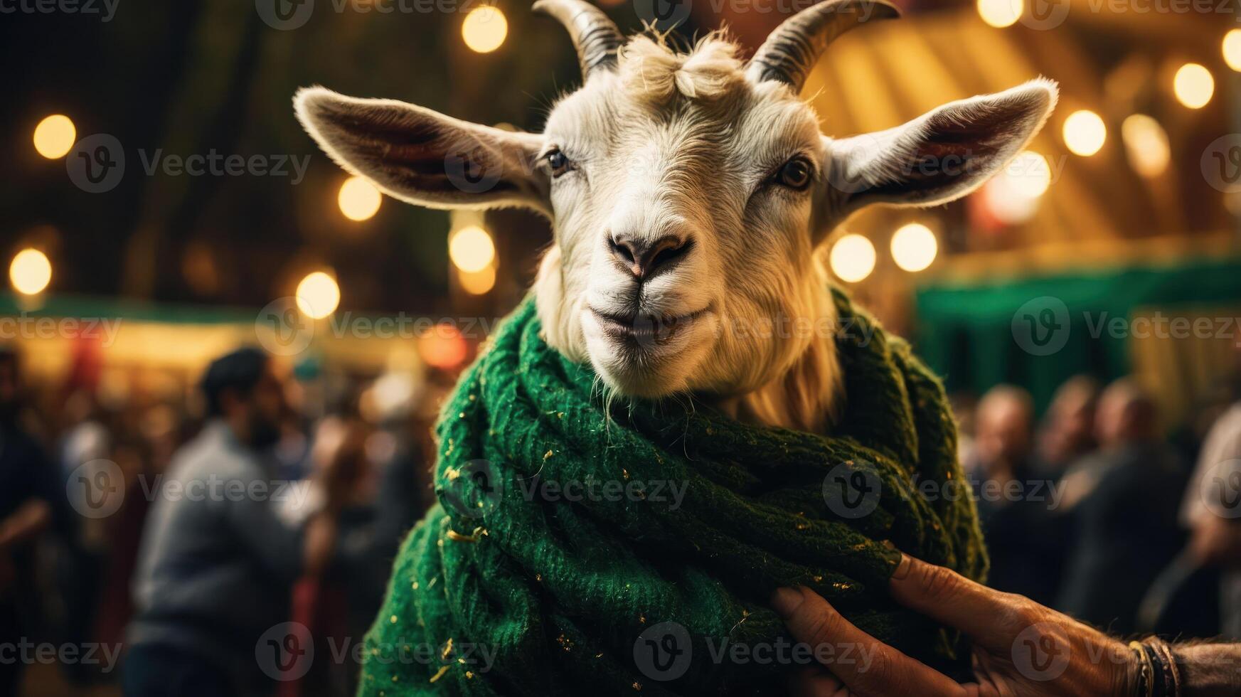 A goat wearing a green shawl amidst a festive gathering. photo