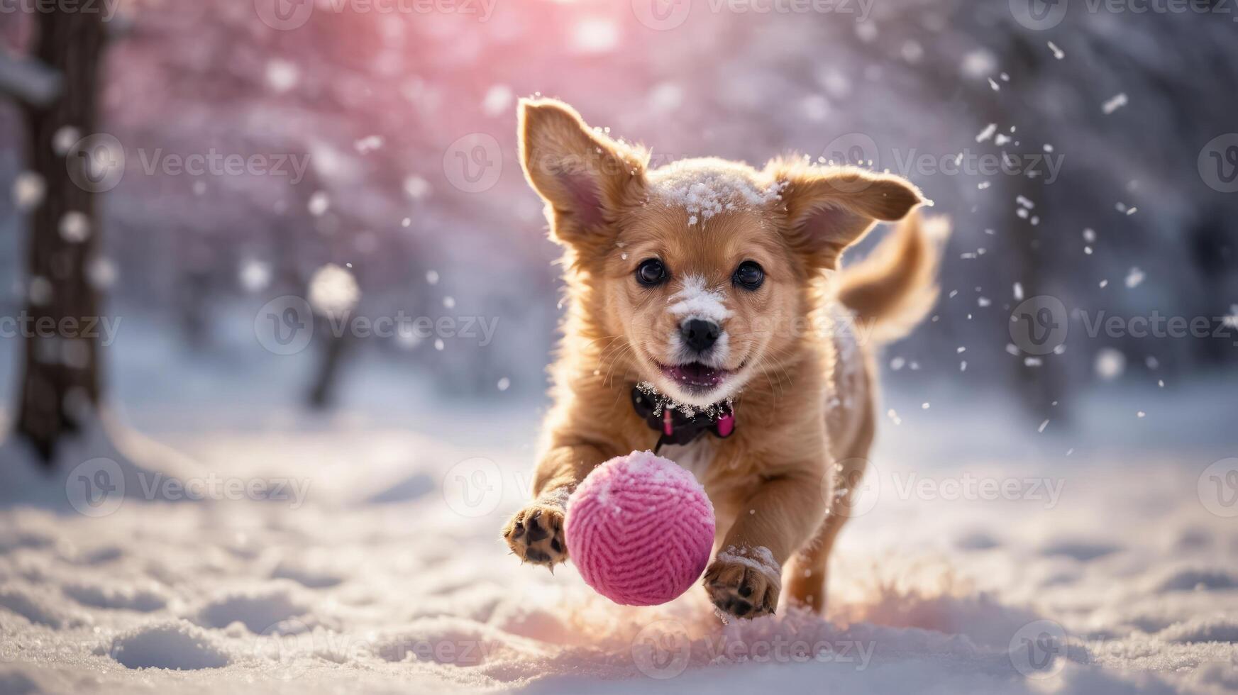 A playful puppy runs in the snow, joyfully carrying a pink ball. photo