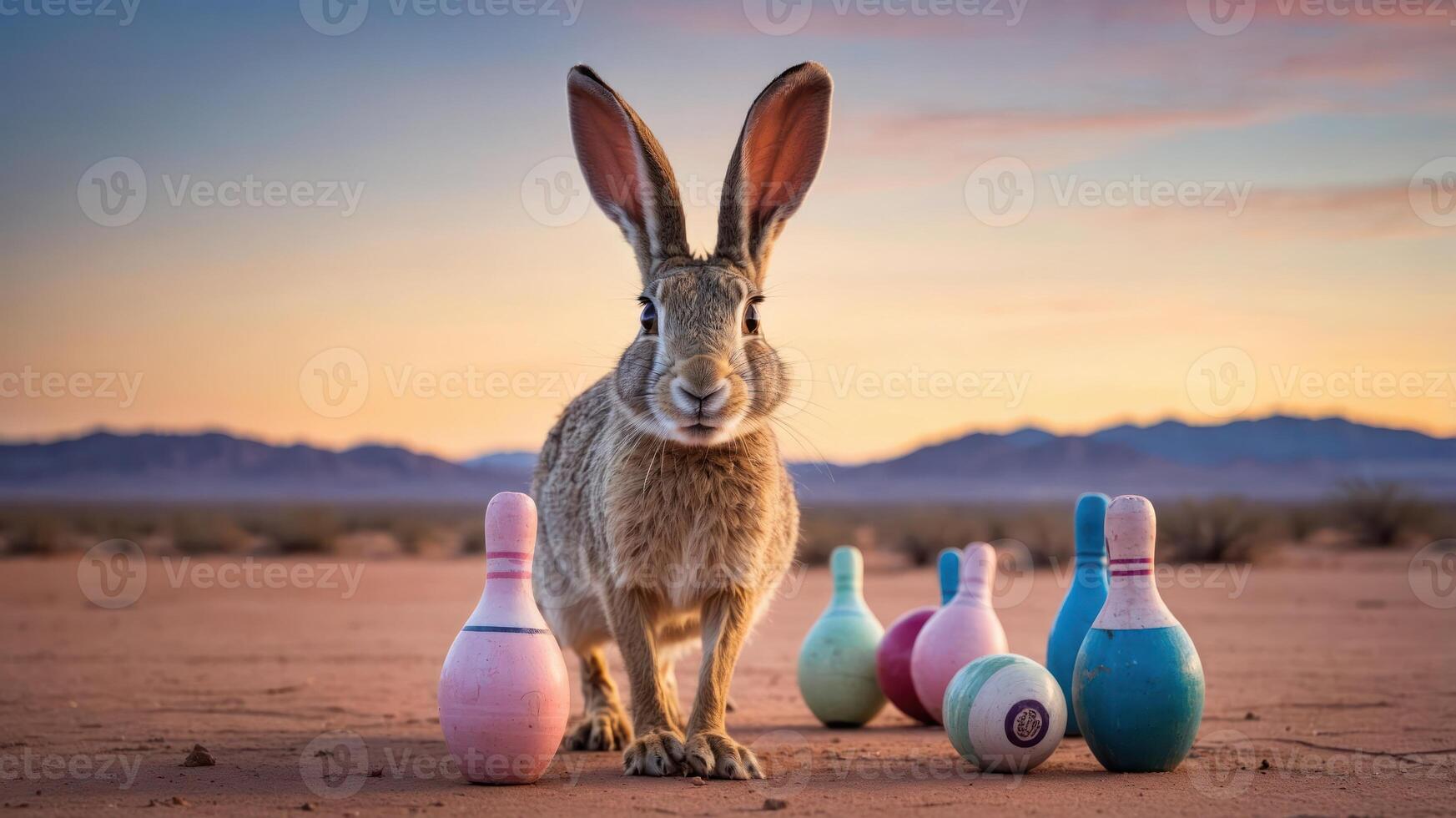 A rabbit stands in a desert landscape surrounded by colorful bowling pins at sunset. photo