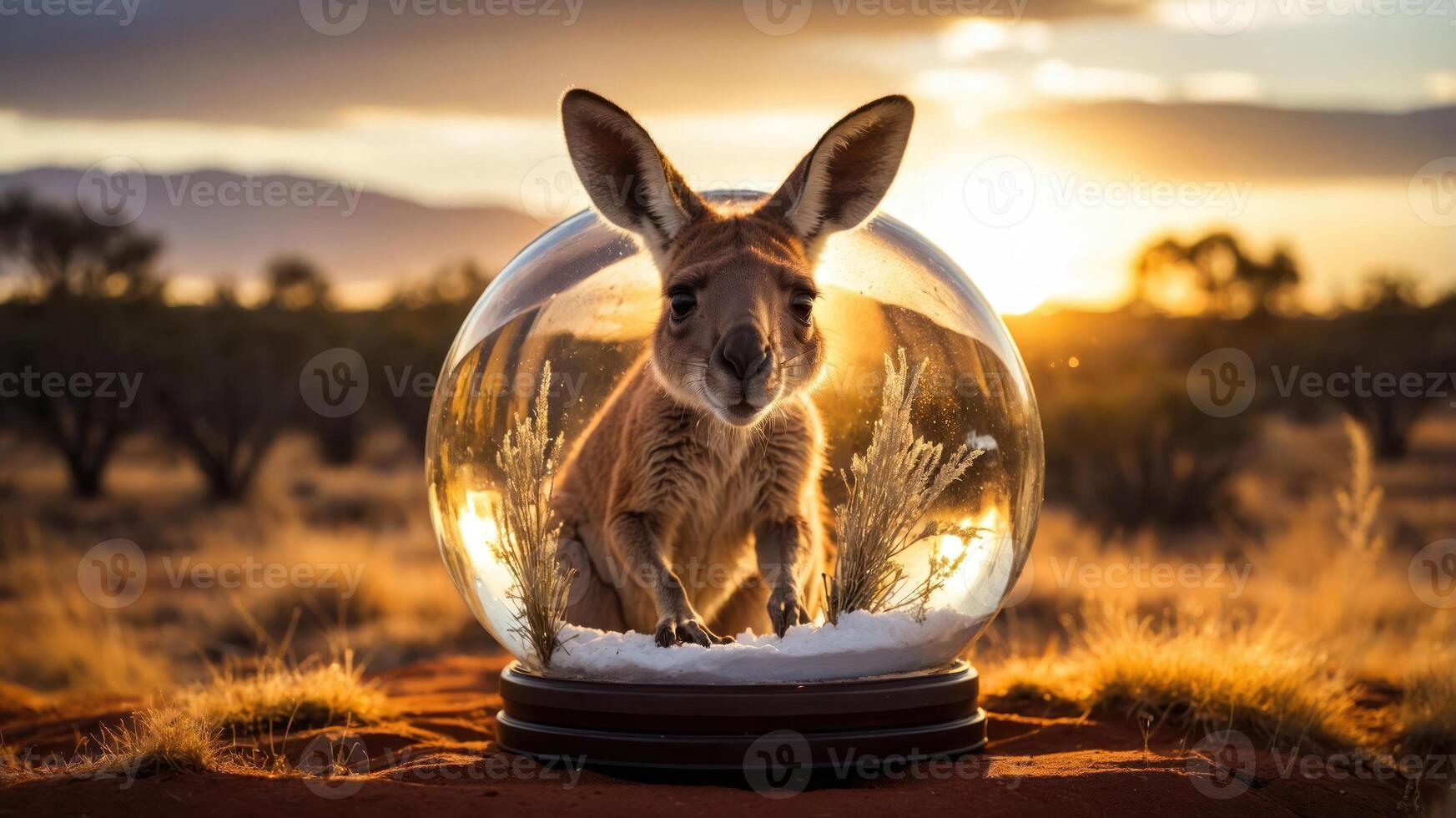 A kangaroo inside a snow globe against a sunset backdrop in a desert landscape. photo