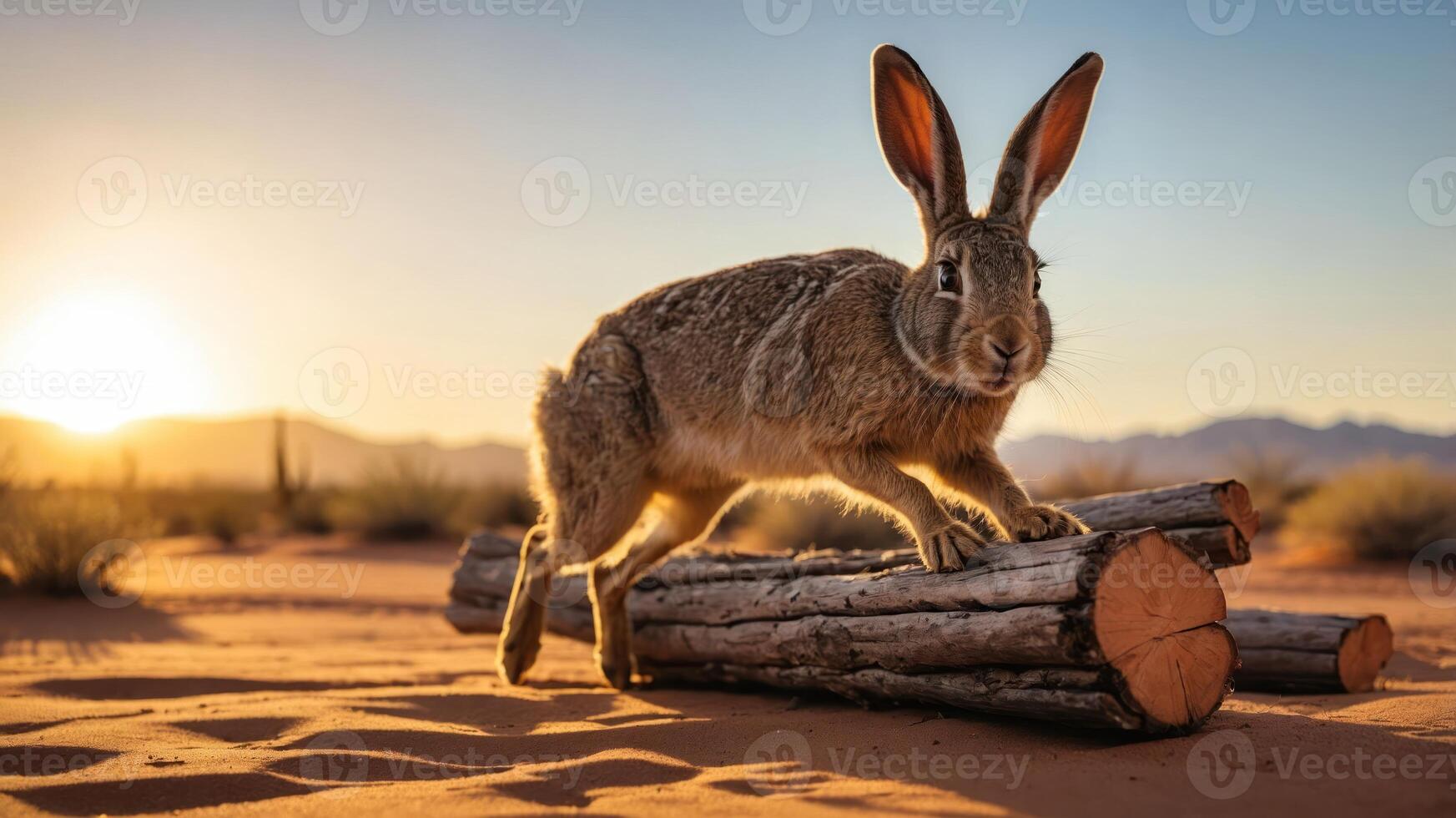 A rabbit stands on a log in a desert landscape at sunset, highlighting nature's beauty. photo