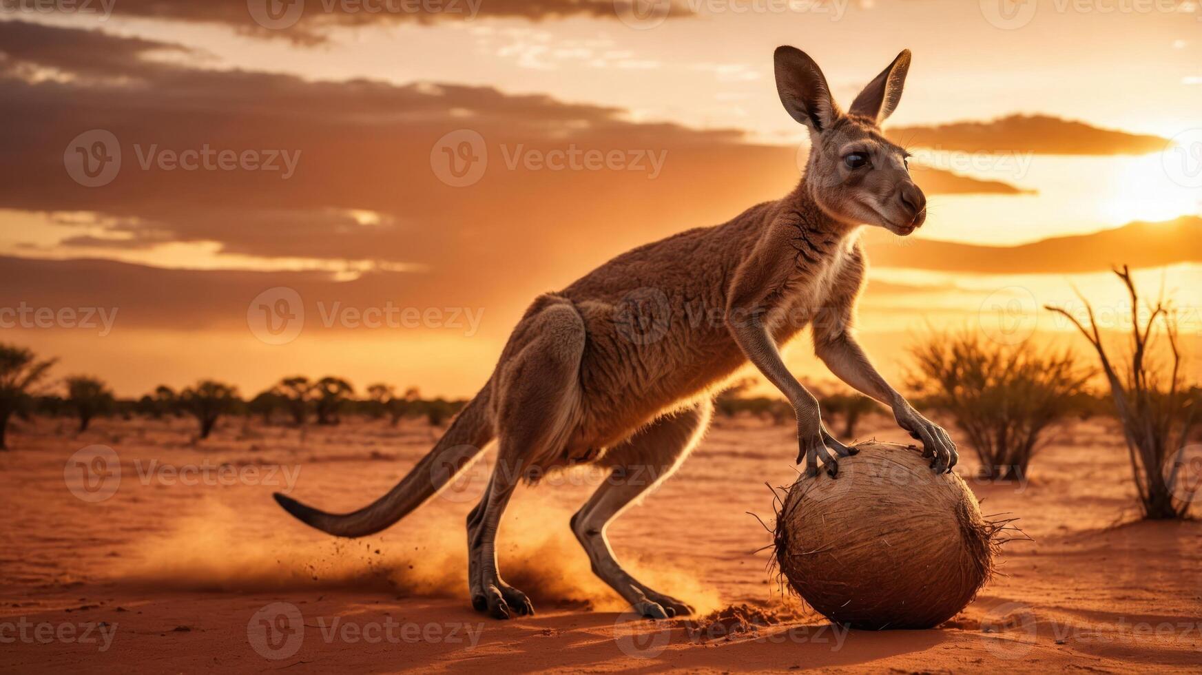 A kangaroo playfully interacts with a large ball at sunset in a desert landscape. photo