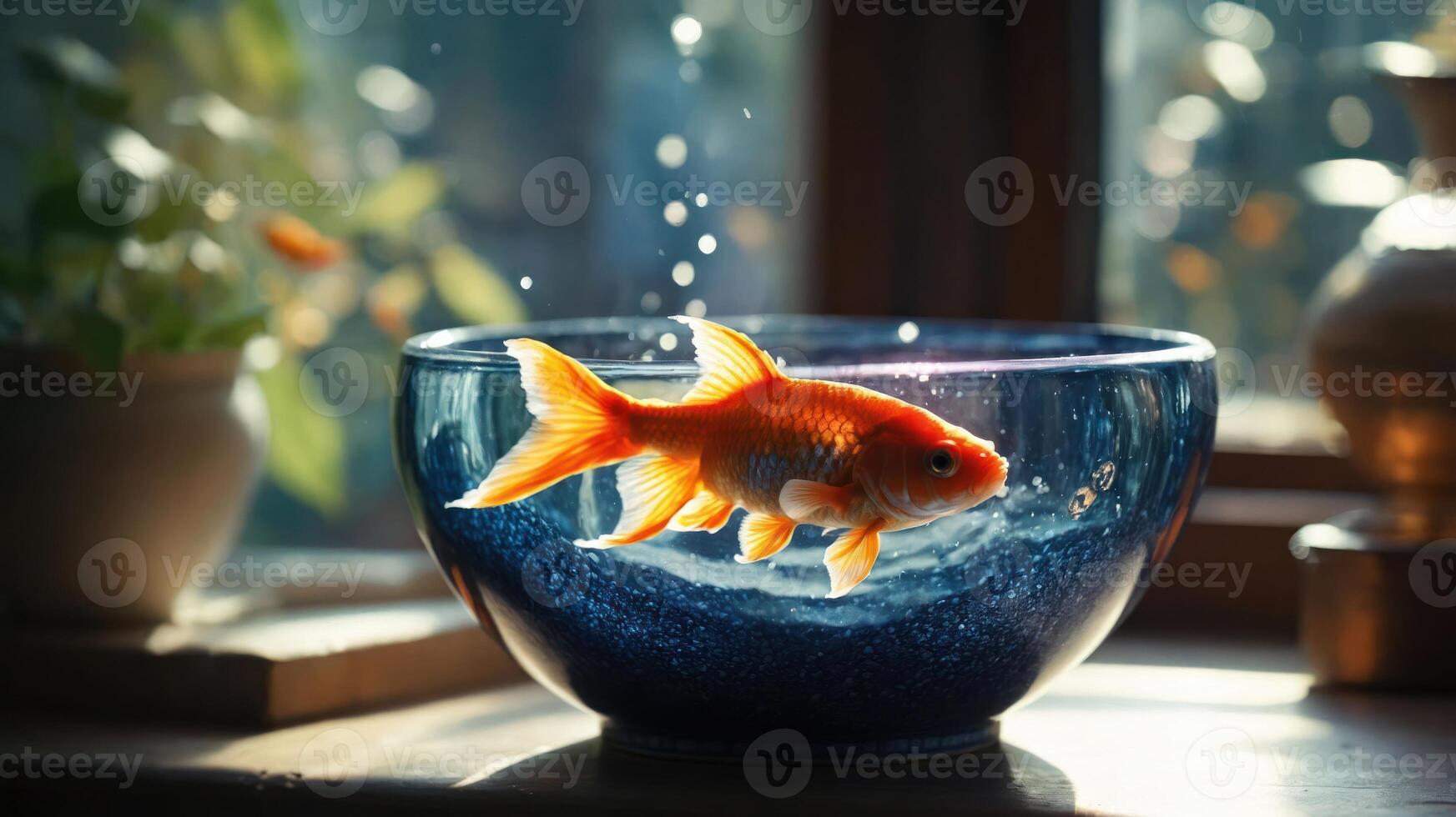 A vibrant goldfish swims in a bowl, surrounded by sunlight and natural decor. photo