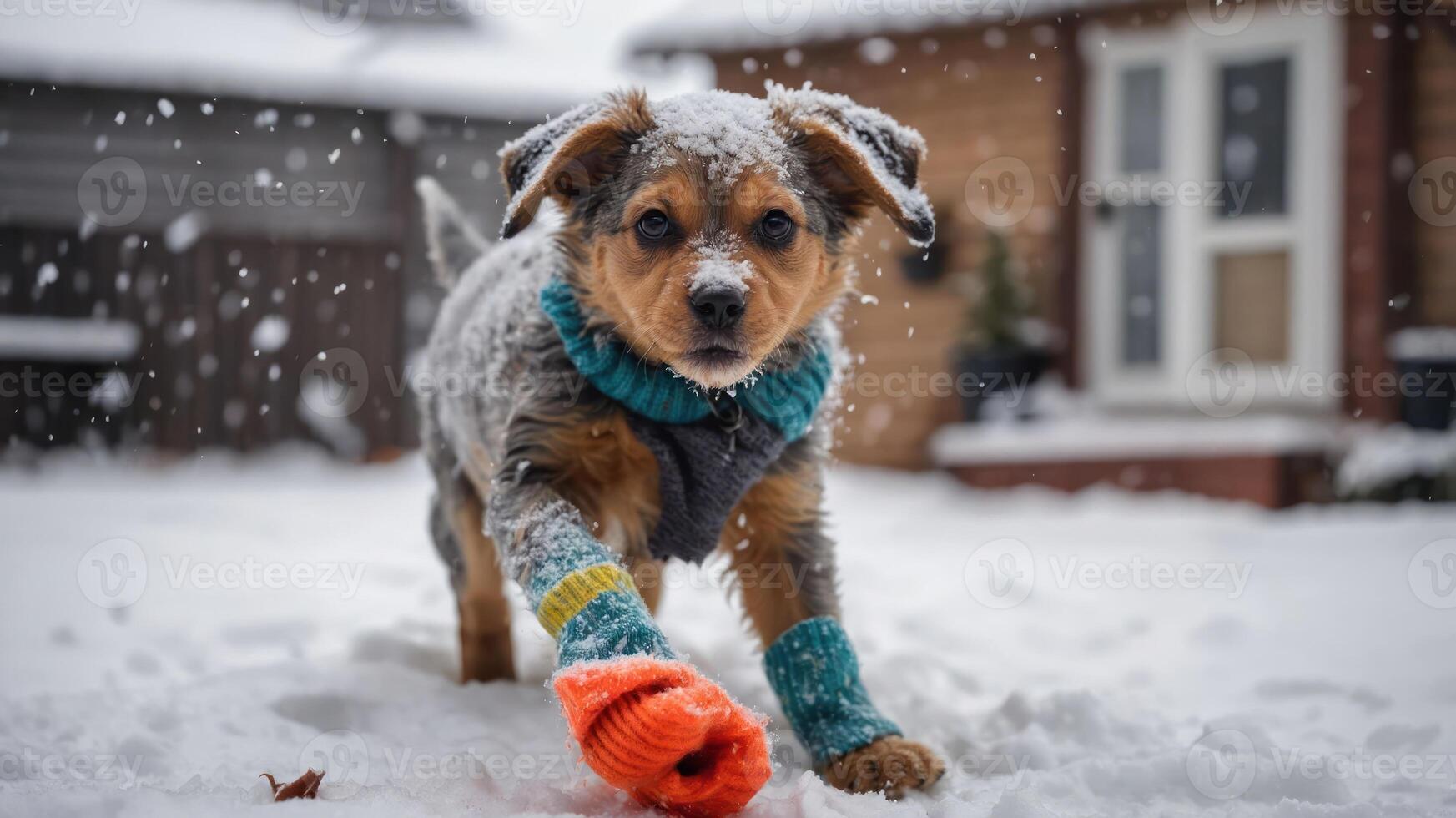 A playful dog wearing colorful winter gear in a snowy backyard. photo