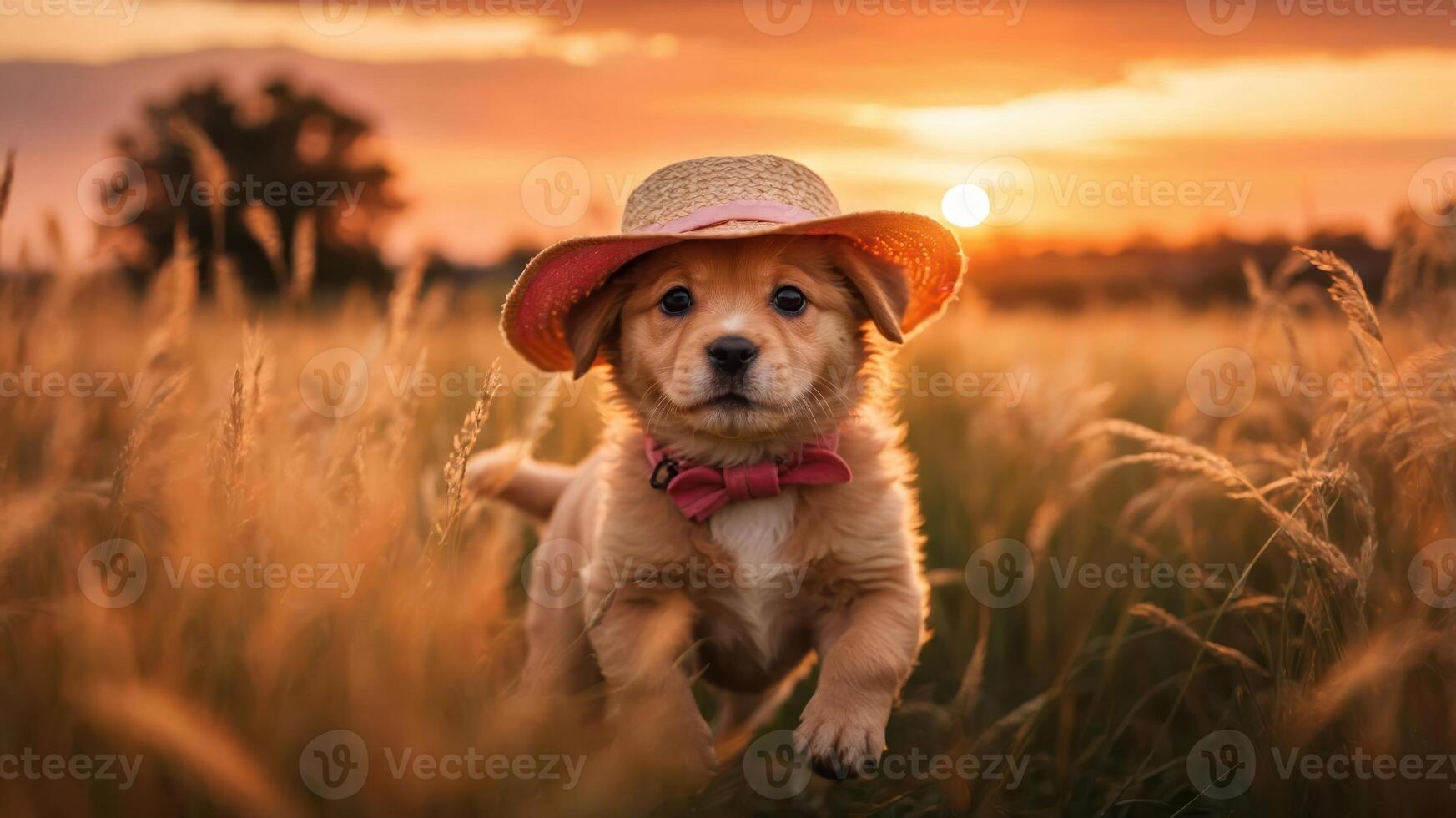 A playful puppy wearing a straw hat runs through a golden field at sunset. photo