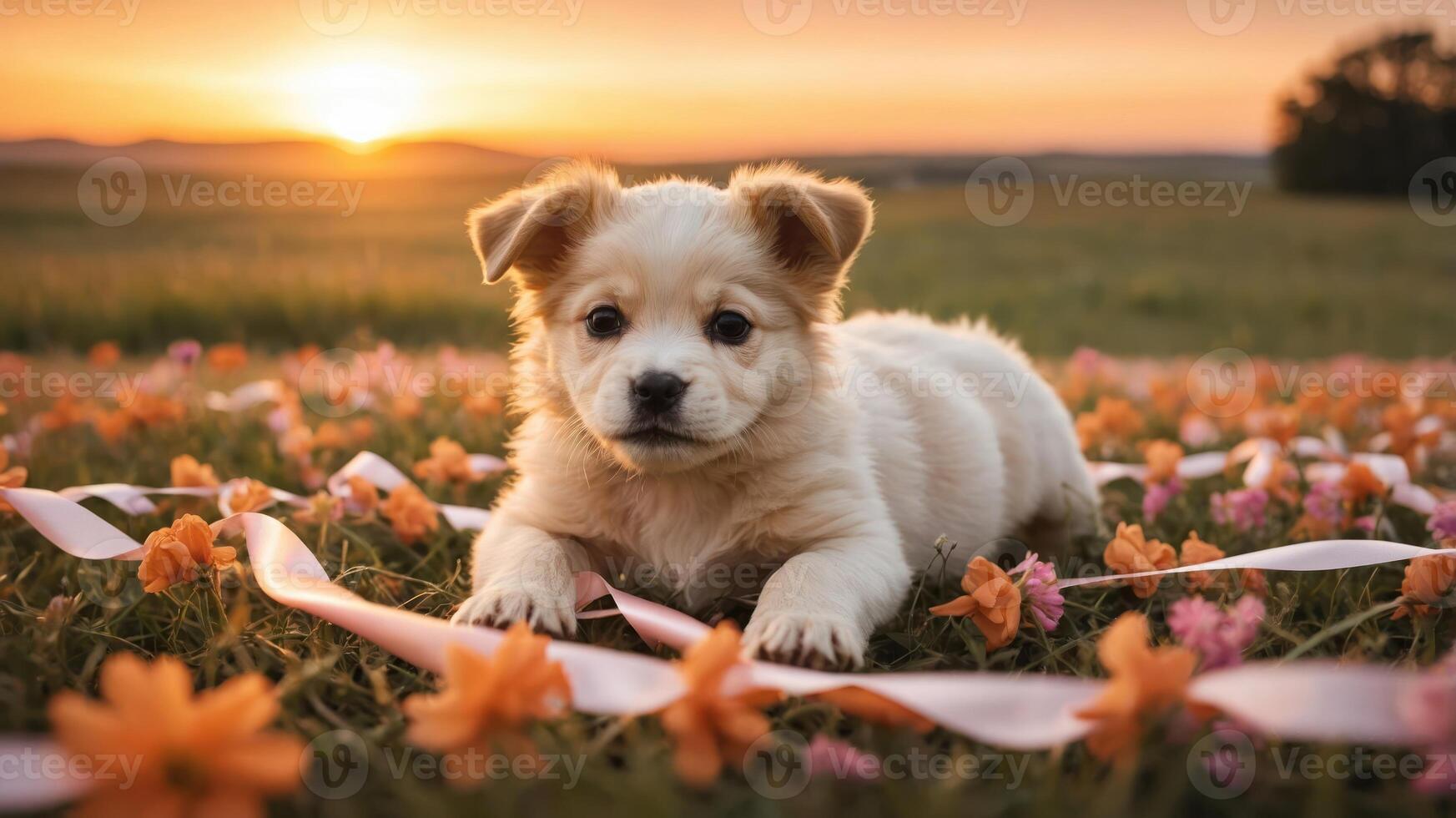 A cute puppy lying among flowers at sunset, capturing a serene and joyful moment. photo