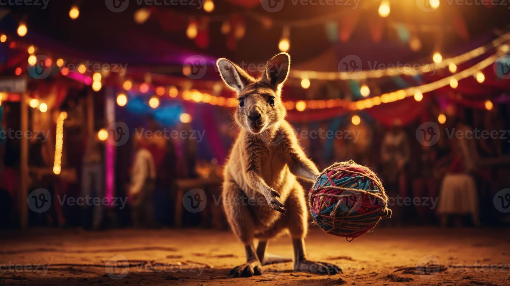 A kangaroo holds a colorful yarn ball in a lively, festive atmosphere. photo