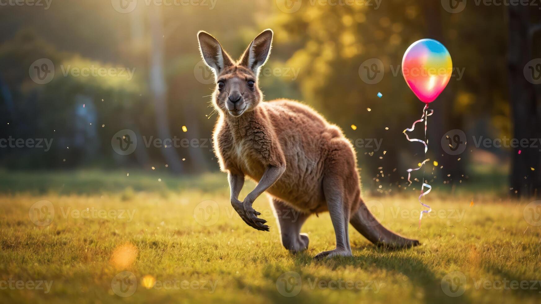 A kangaroo joyfully hopping with a colorful balloon in a sunlit grassy field. photo