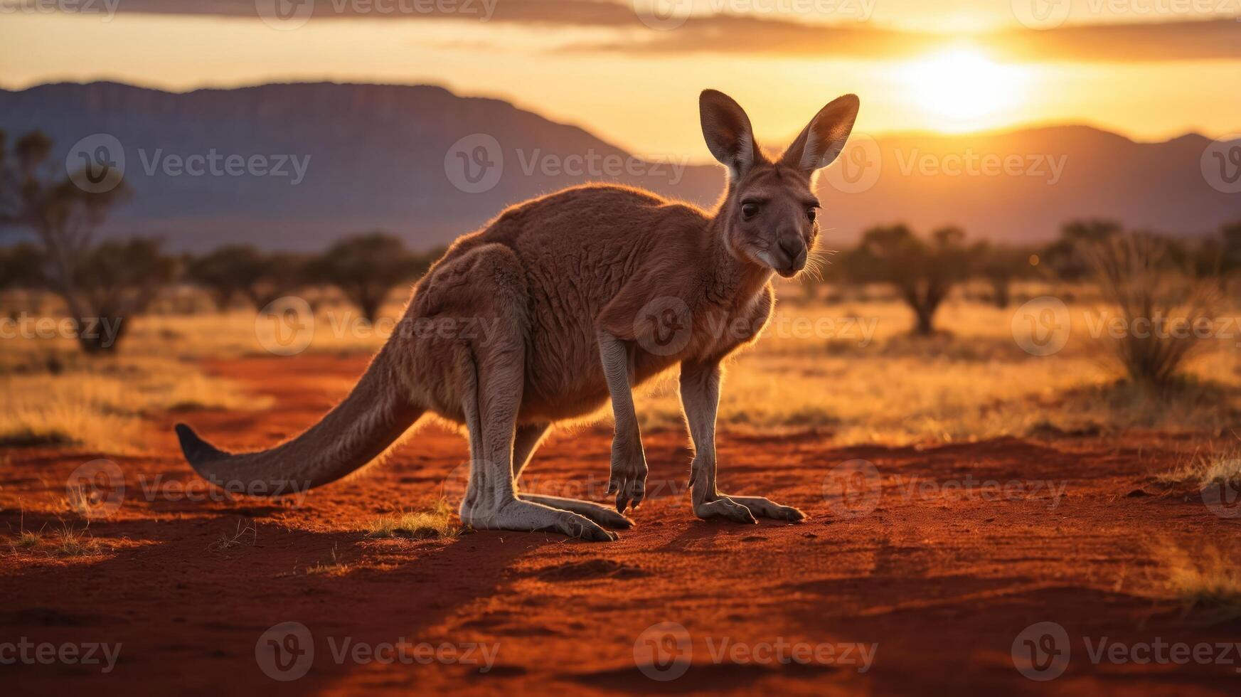 A kangaroo stands on a red dirt path at sunset, showcasing the Australian landscape. photo