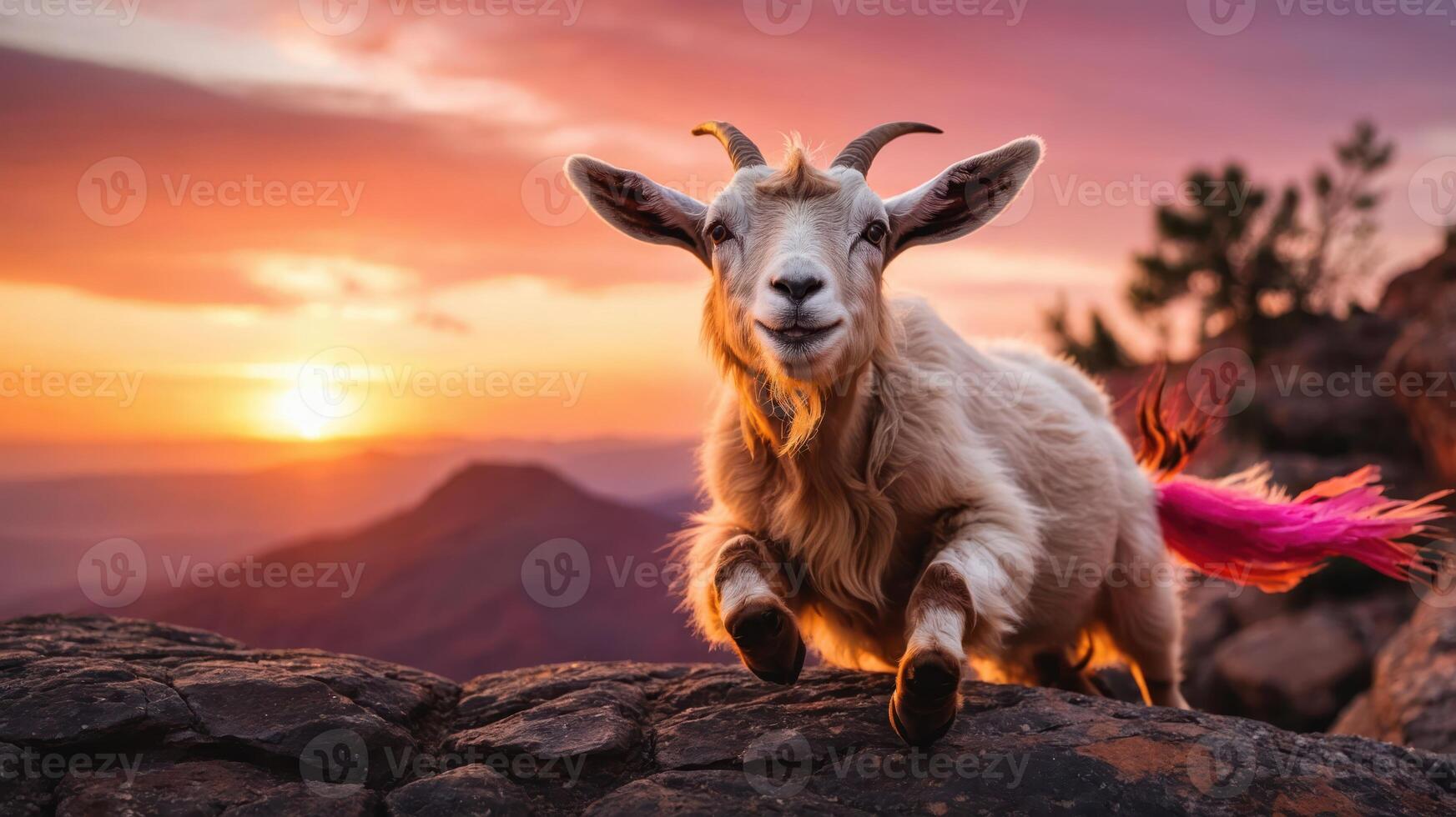 A playful goat with a colorful tail against a vibrant sunset landscape. photo