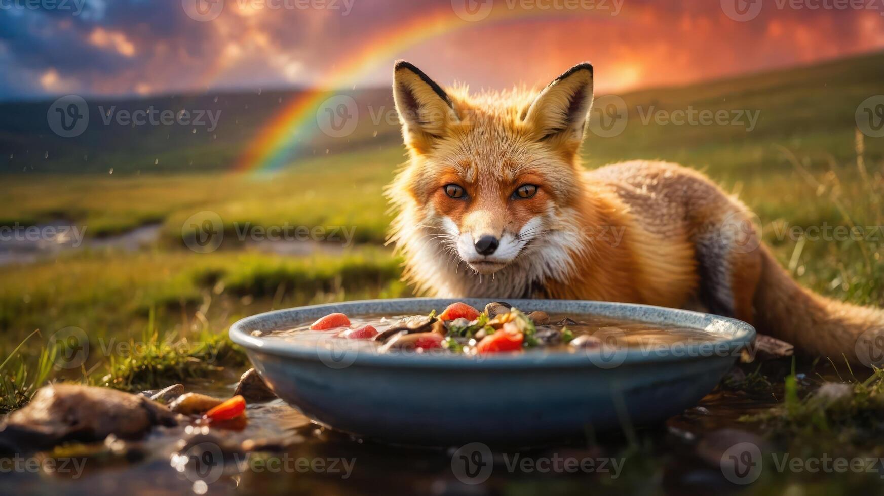 A fox gazes at a bowl of colorful food against a scenic landscape with a rainbow. photo