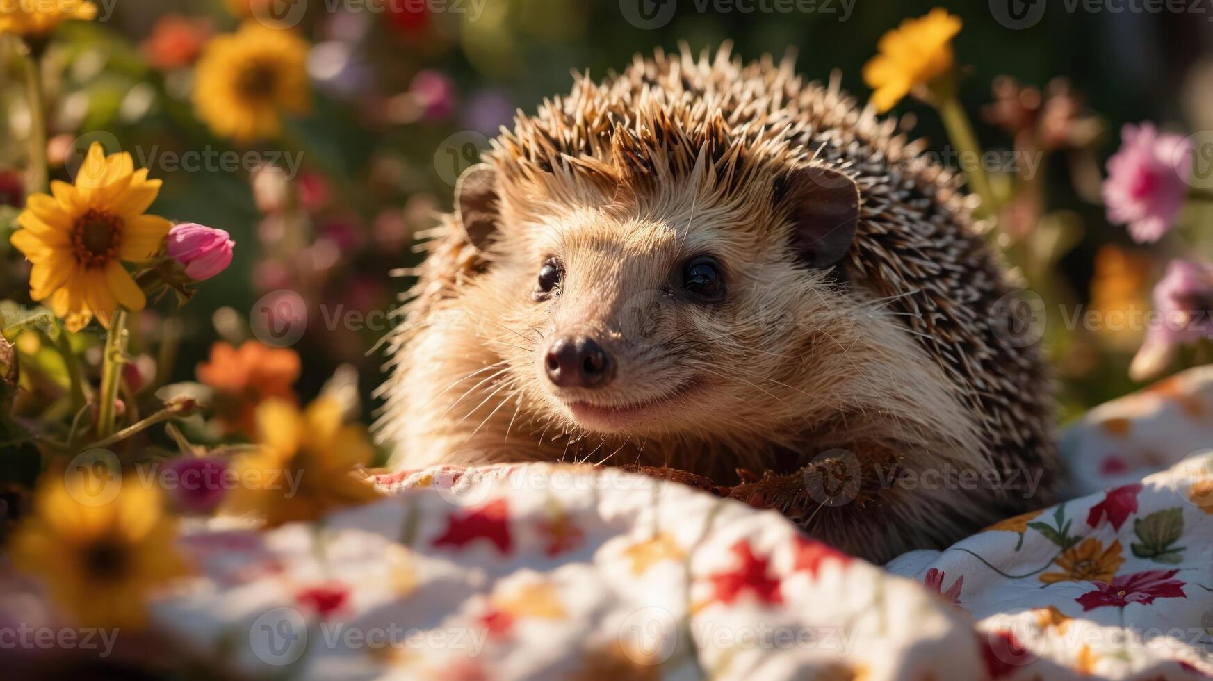 A cute hedgehog resting among colorful flowers on a patterned blanket in a sunny setting. photo