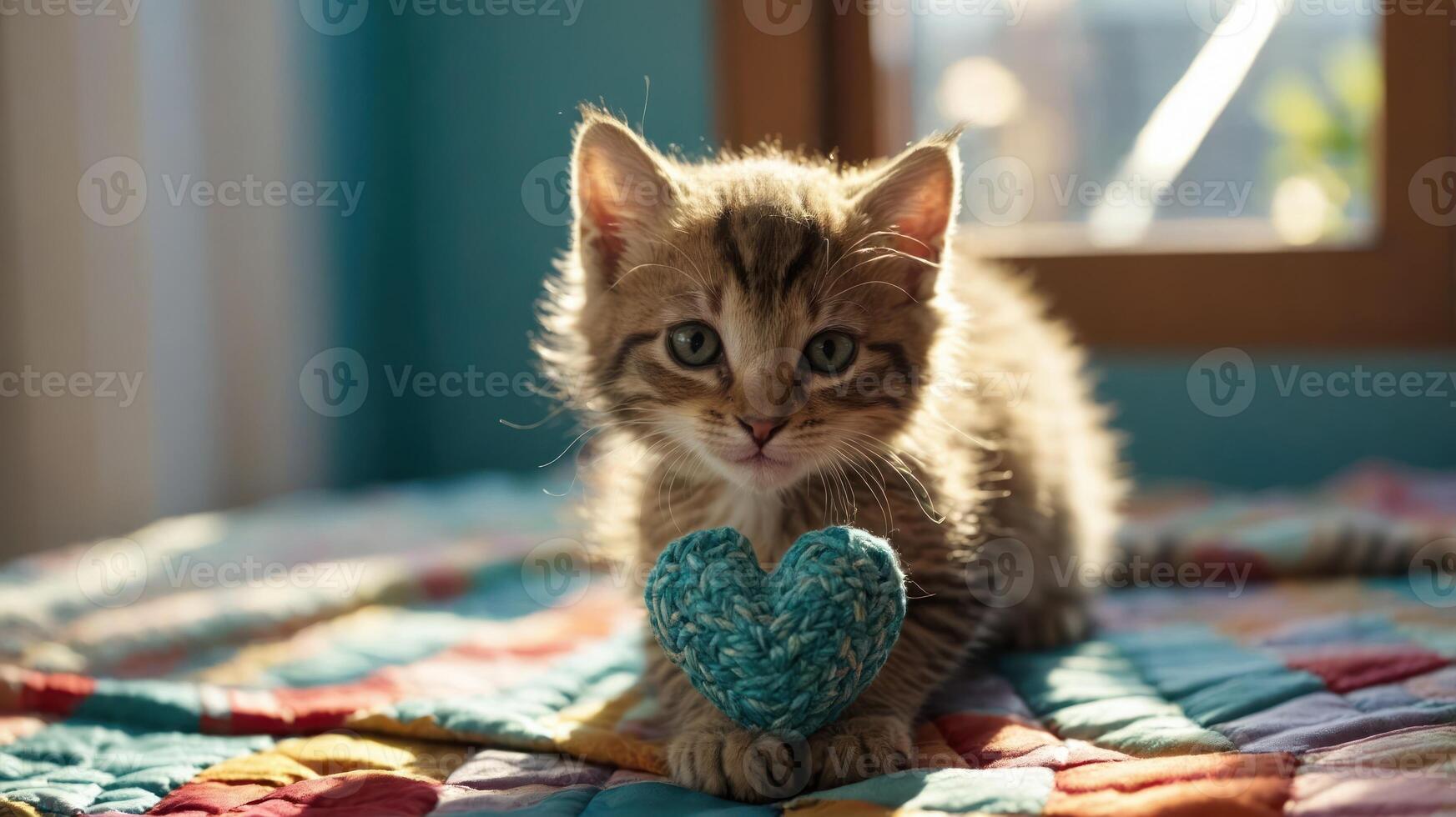 A playful kitten rests on a colorful quilt, holding a blue heart-shaped toy. photo