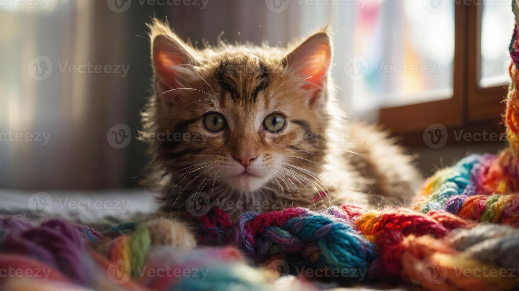 A close-up of a fluffy kitten lounging on colorful yarn in a sunlit room. photo