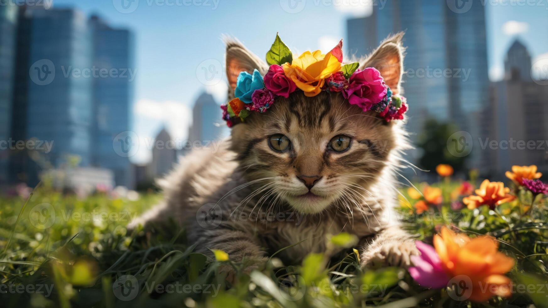A playful kitten wearing a flower crown amidst colorful flowers in an urban setting. photo