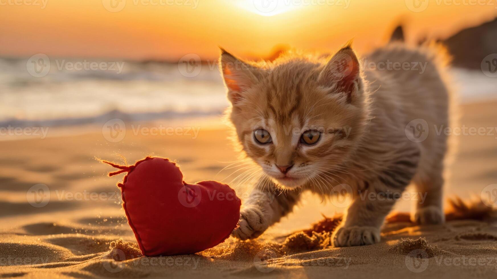A playful kitten interacts with a red heart toy on a beach during sunset. photo