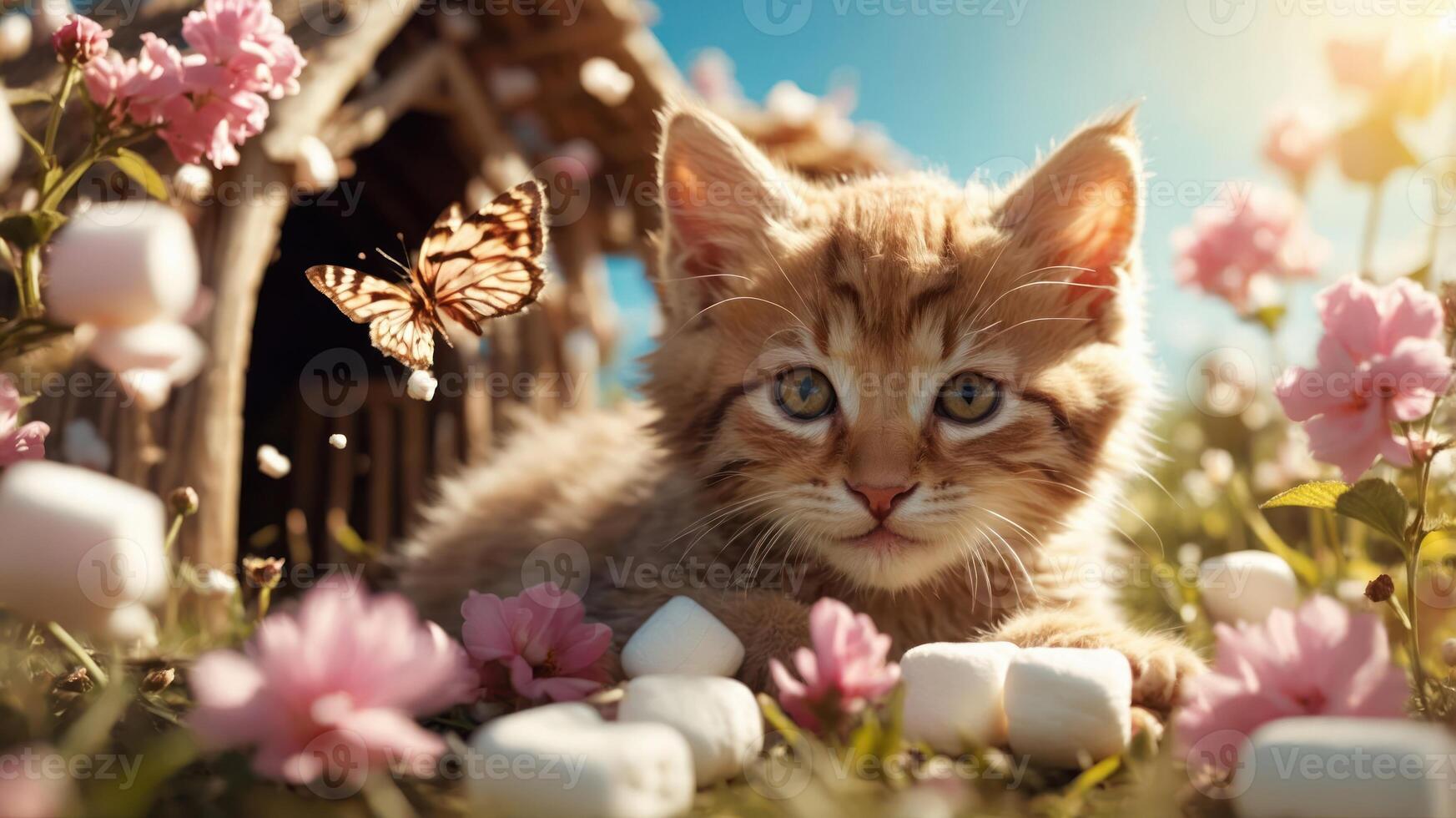 A playful kitten surrounded by flowers and marshmallows, with a butterfly nearby. photo