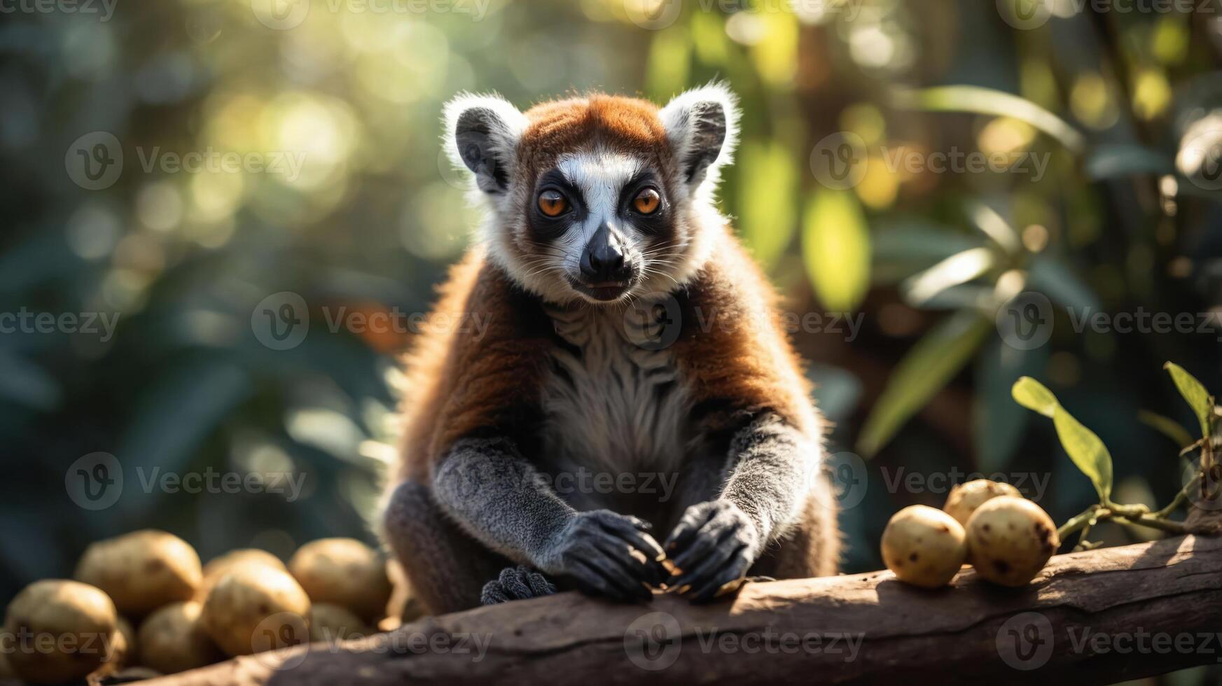 A lemur perched on a branch surrounded by foliage and fruit in a natural setting. photo