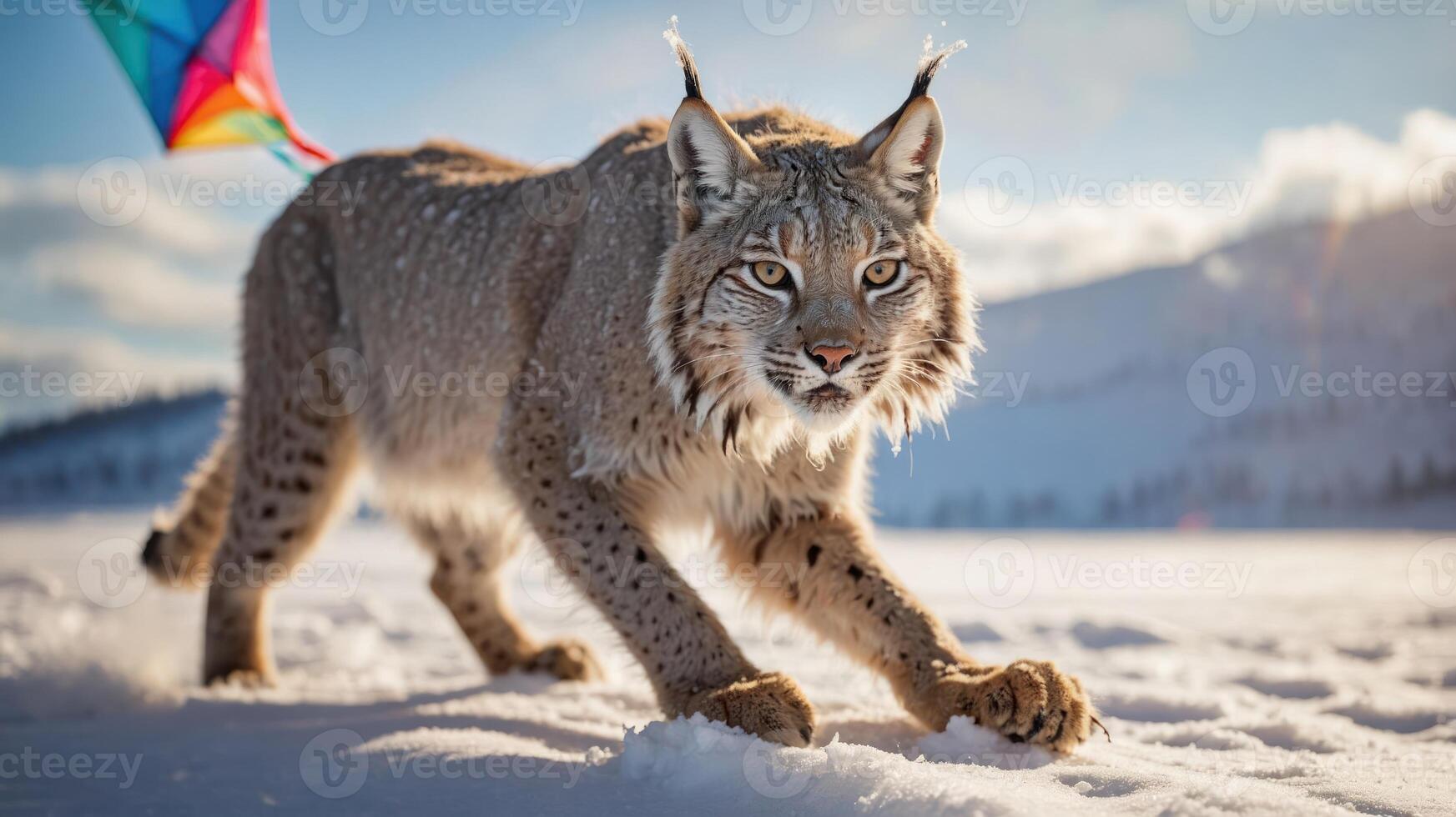 A lynx walks through snowy terrain with a colorful kite in the background. photo