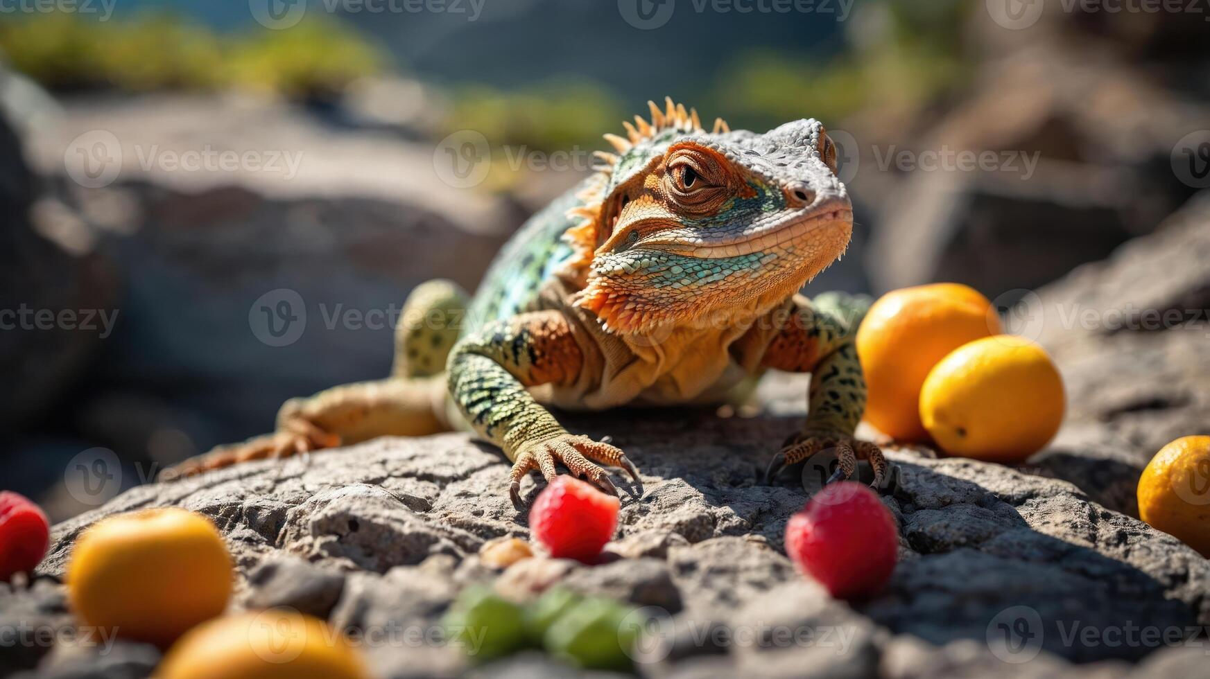 A colorful lizard surrounded by various fruits on a rocky surface in a natural setting. photo