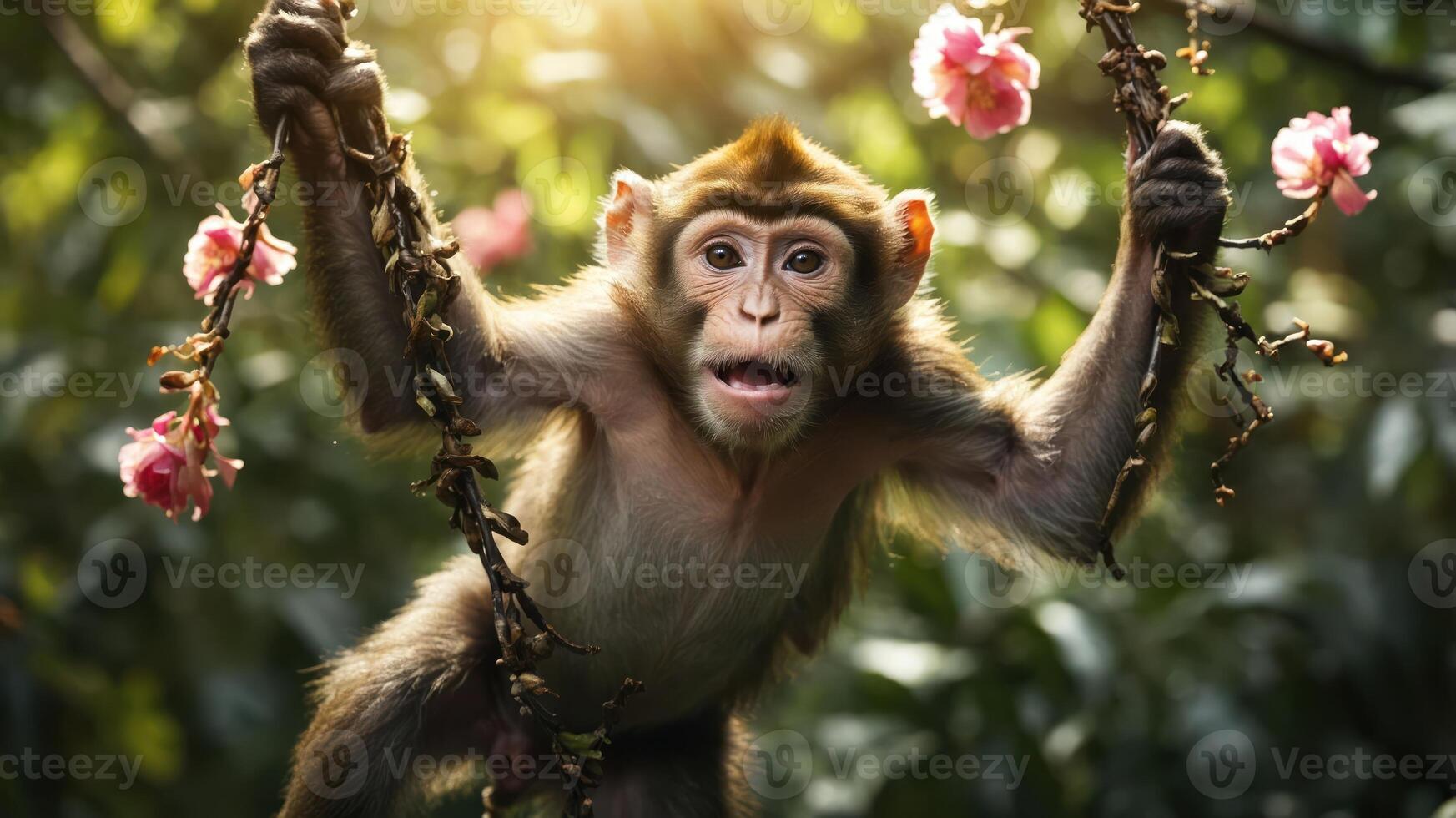A playful monkey hangs from branches adorned with pink flowers in a lush green setting. photo