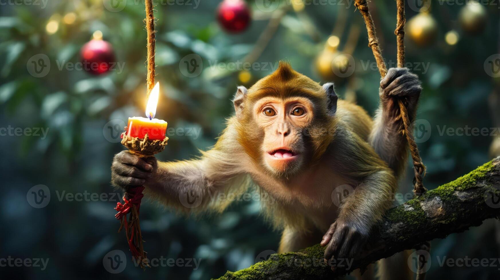A monkey holding a candle in a festive, decorated forest setting. photo
