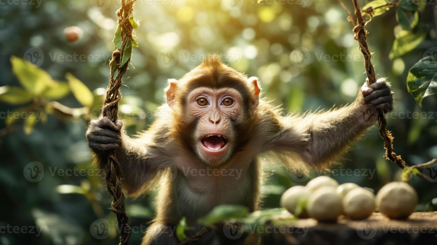 A playful monkey hanging from vines in a lush environment, expressing excitement. photo