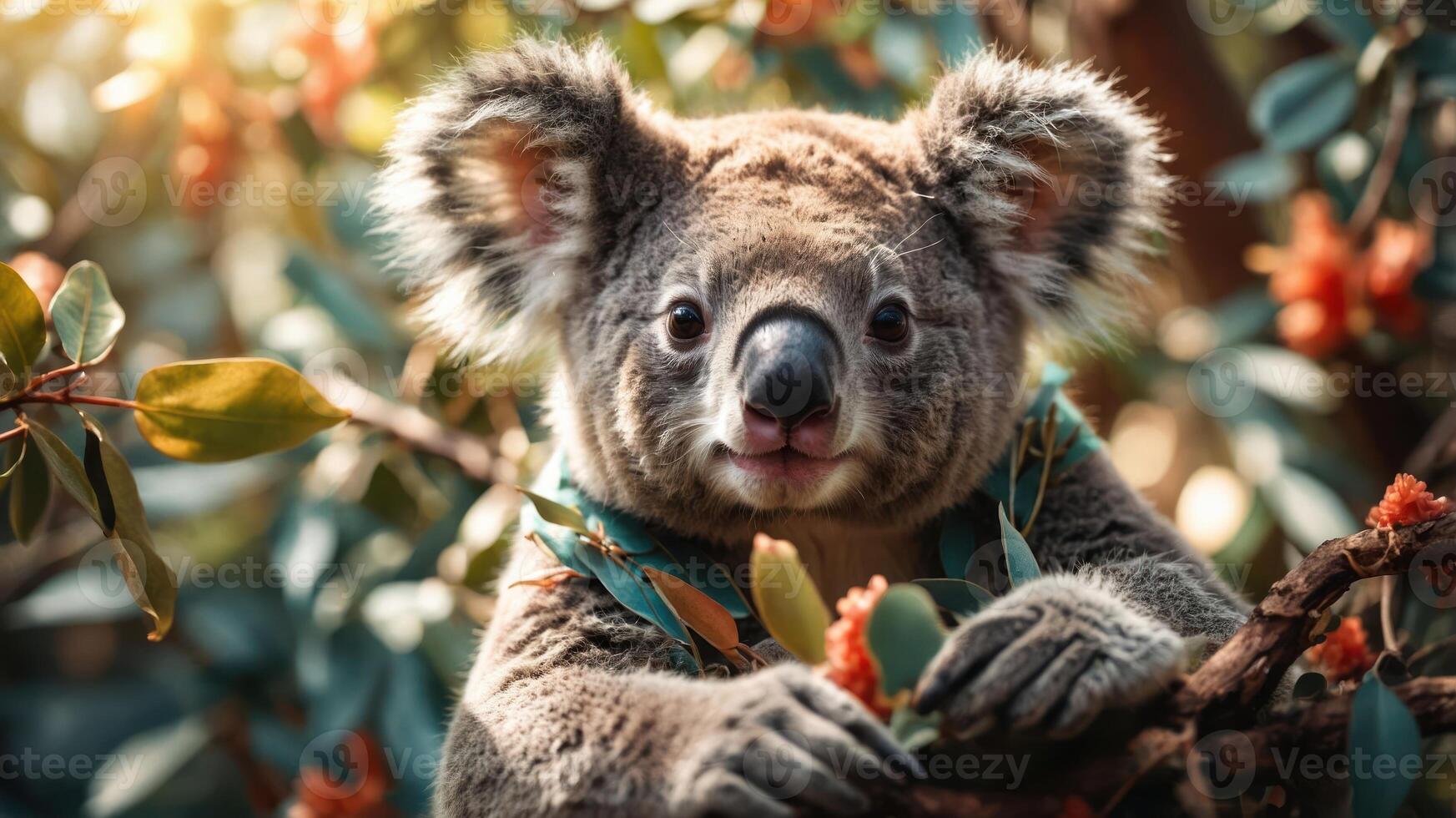 A close-up of a koala perched on a branch, surrounded by leaves and flowers. photo
