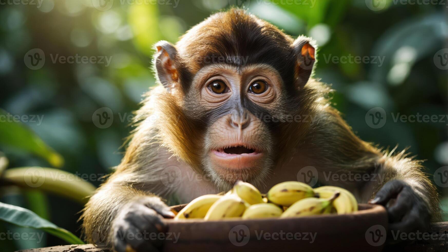 A curious monkey gazes at a bowl of bananas in a lush green setting. photo