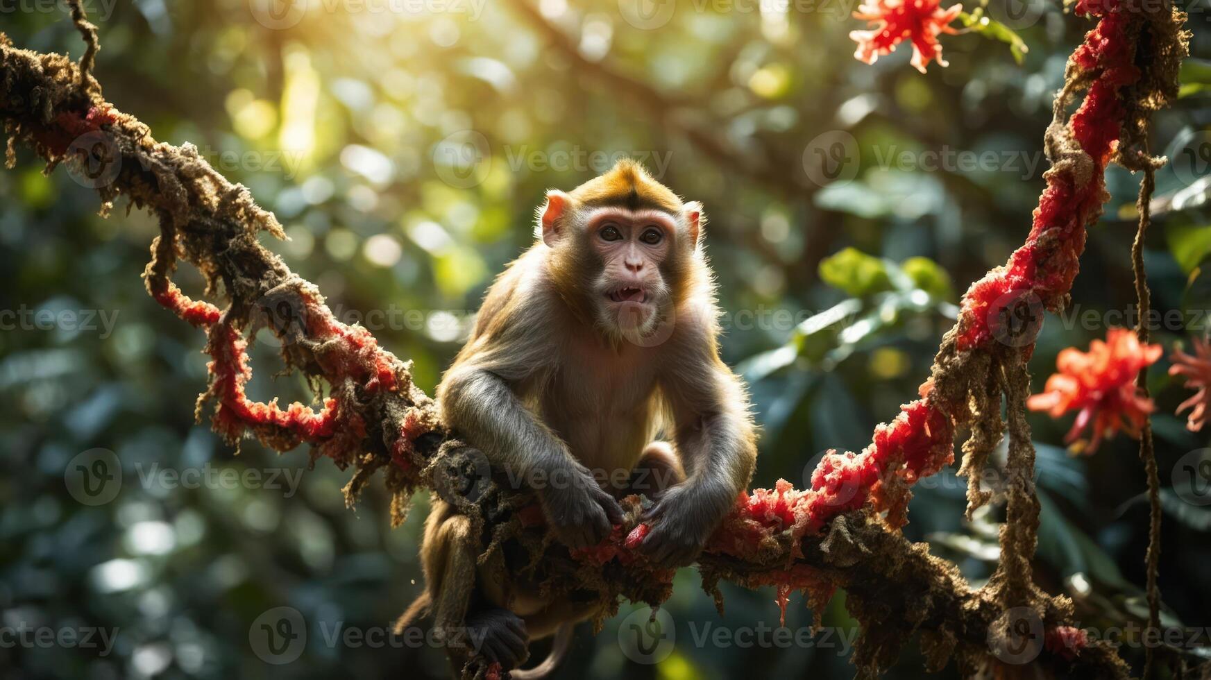 A monkey resting on a branch surrounded by vibrant flowers in a sunlit forest. photo