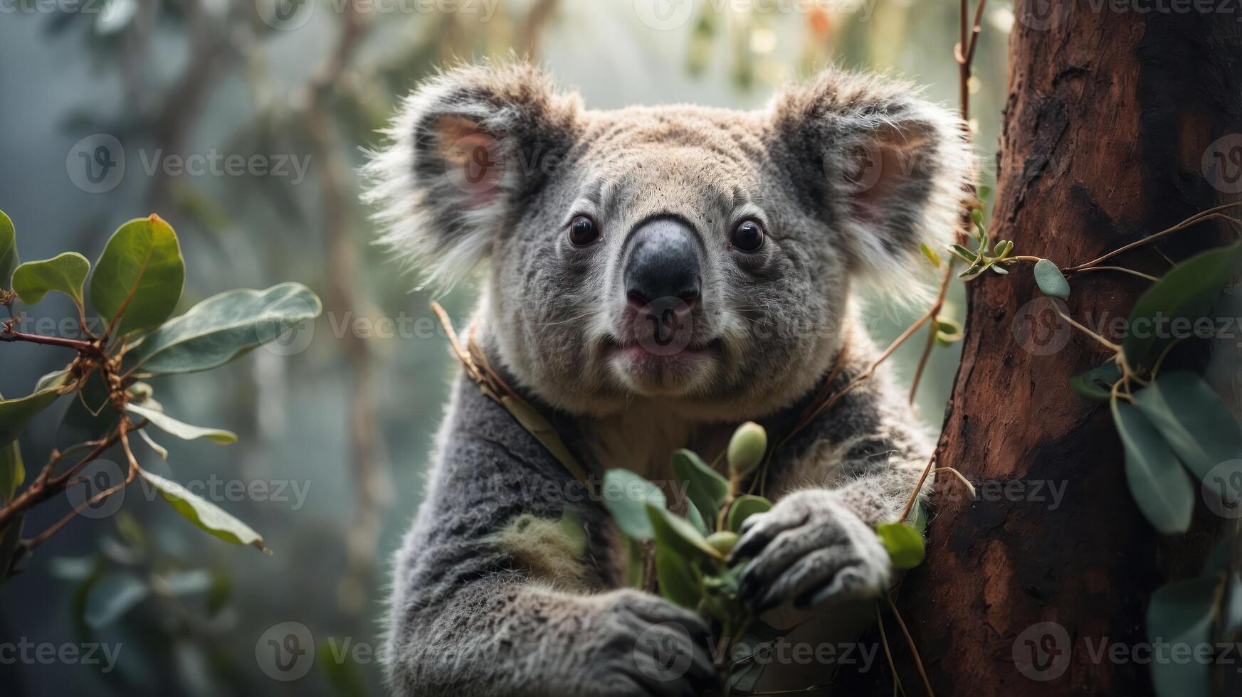 A close-up of a koala holding eucalyptus leaves on a tree. photo