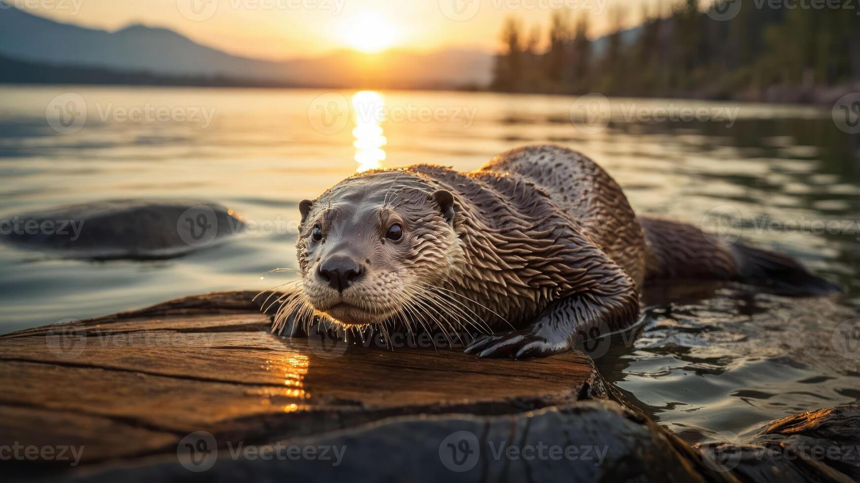 A playful otter lounging on a rock by a serene lake during sunset. photo