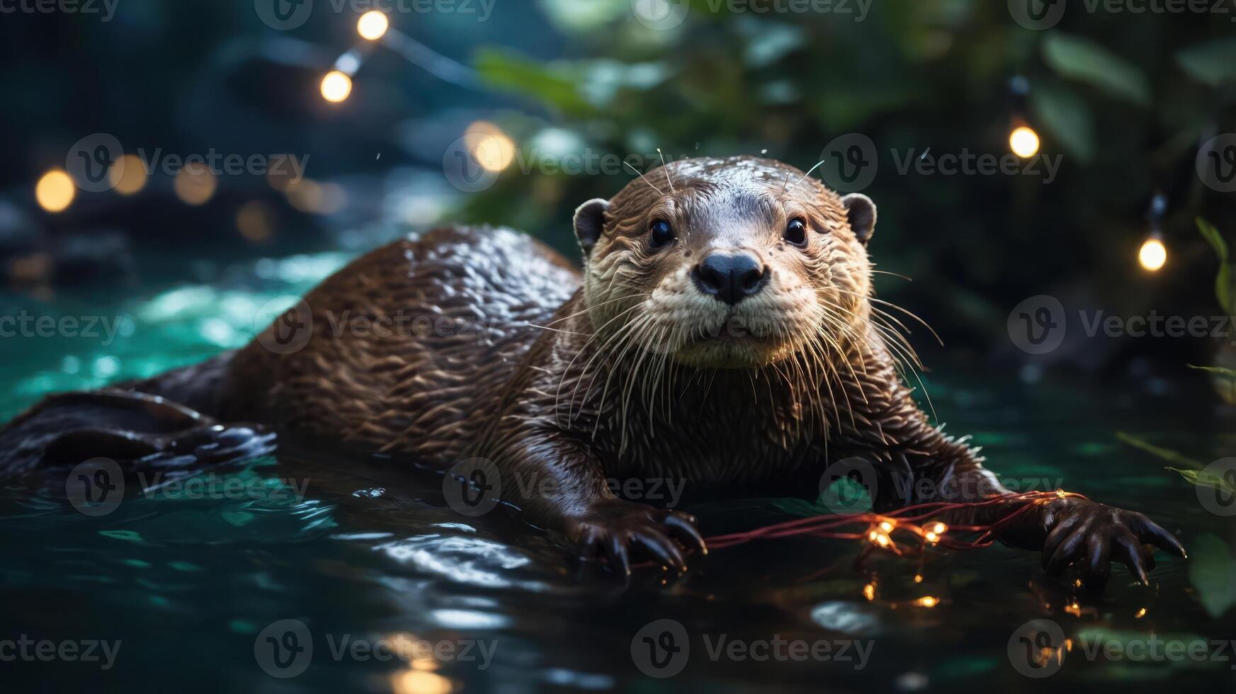 A playful otter in a serene water setting, surrounded by greenery and soft lights. photo