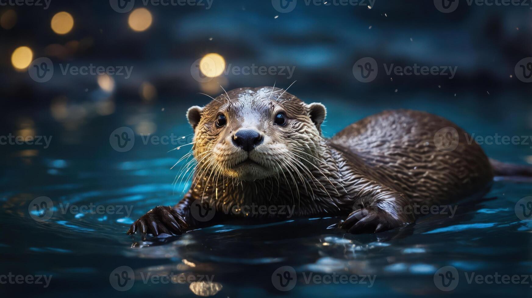 An otter swimming in a serene water setting, surrounded by soft lighting. photo