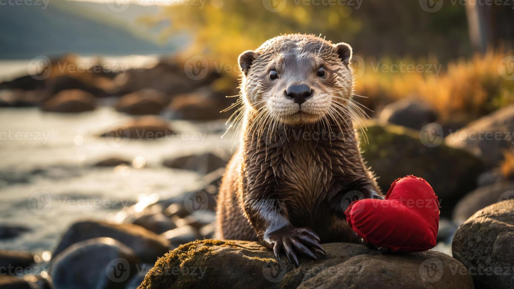 A playful otter holds a red heart-shaped pillow by the water, showcasing affection. photo