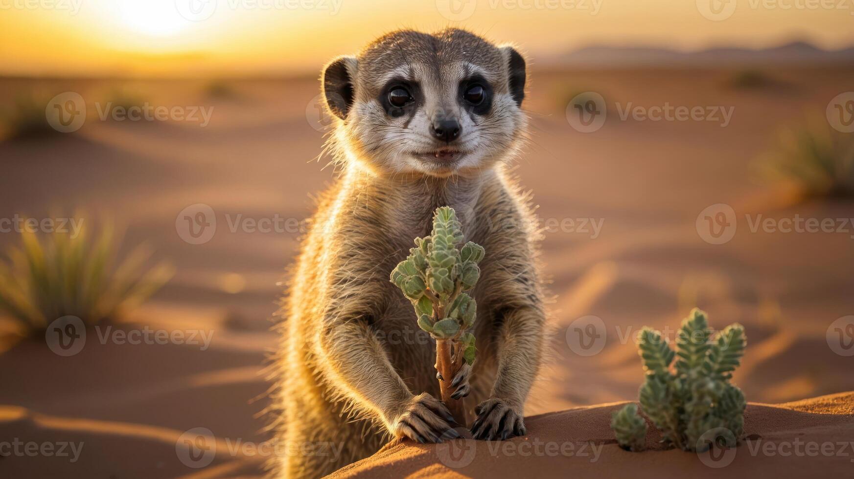 A meerkat holds a plant in a desert landscape during sunset. photo
