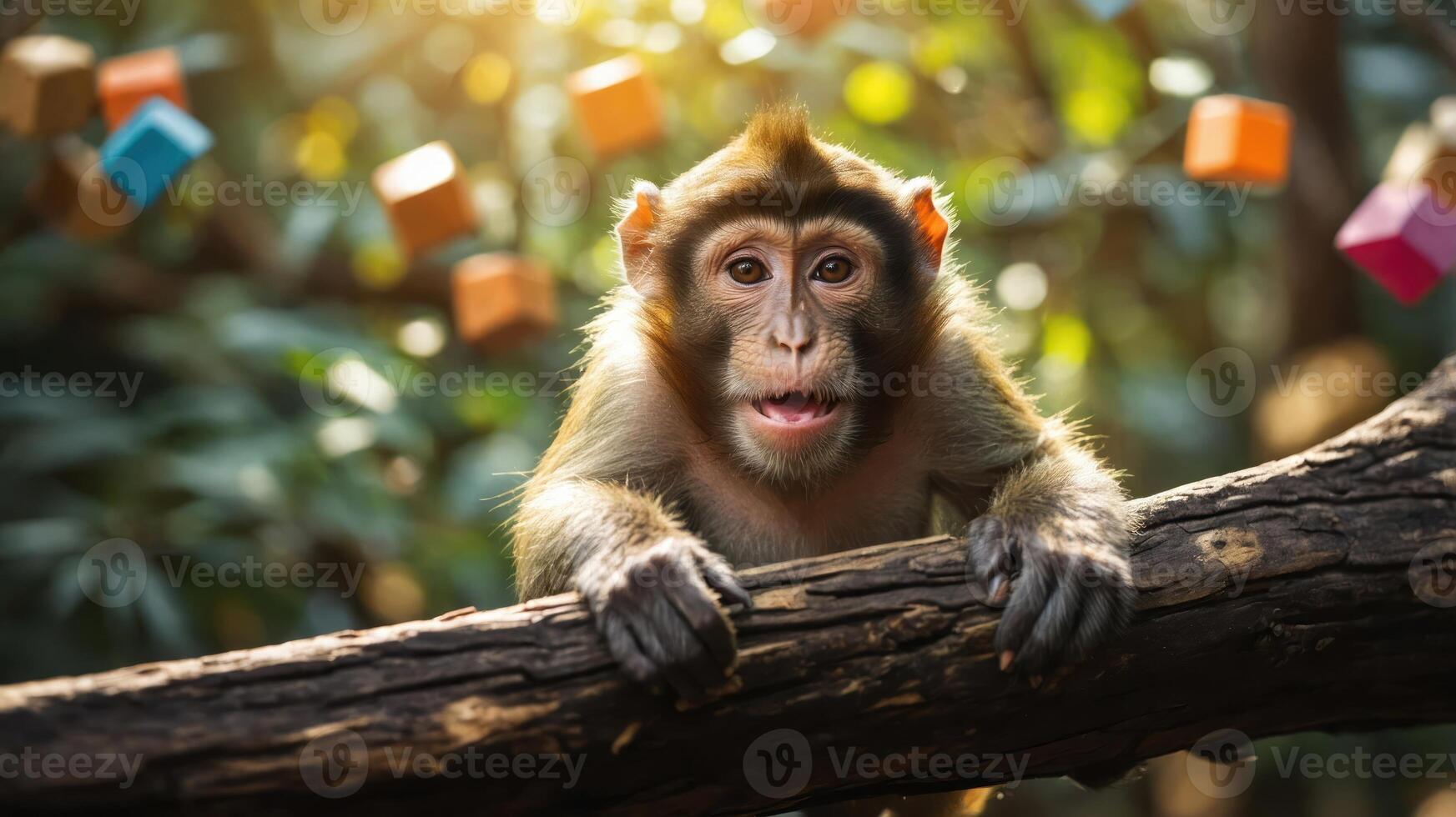 A monkey perched on a branch, surrounded by colorful blocks in a lush environment. photo