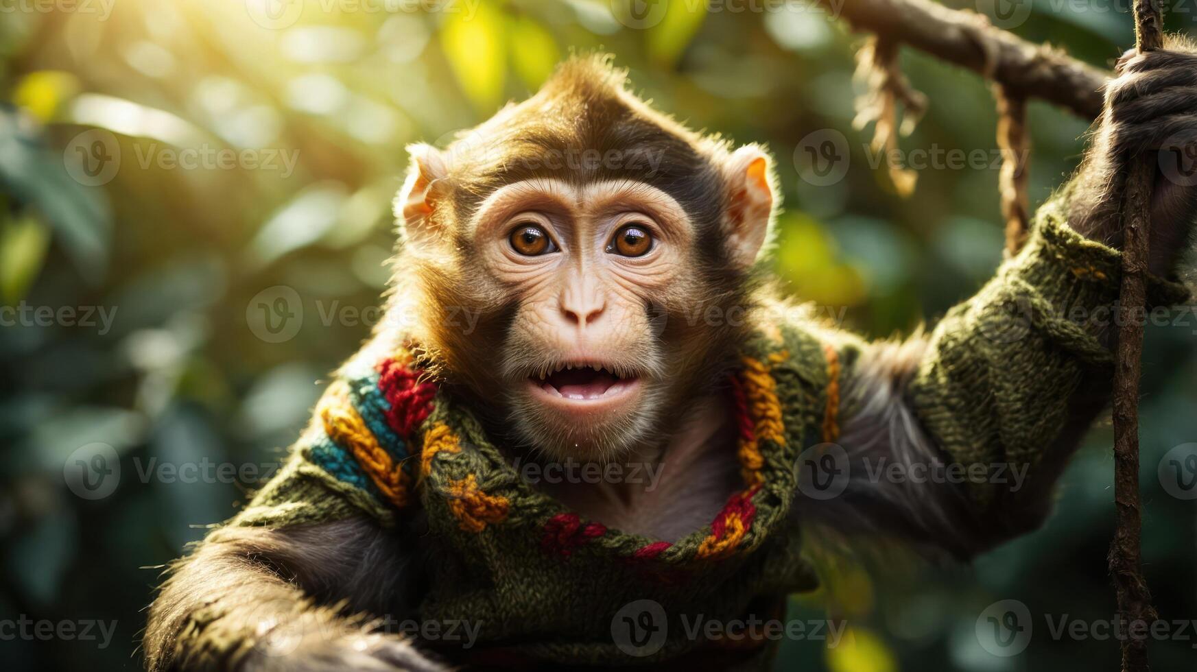 A curious monkey wearing a colorful sweater, perched among lush greenery. photo