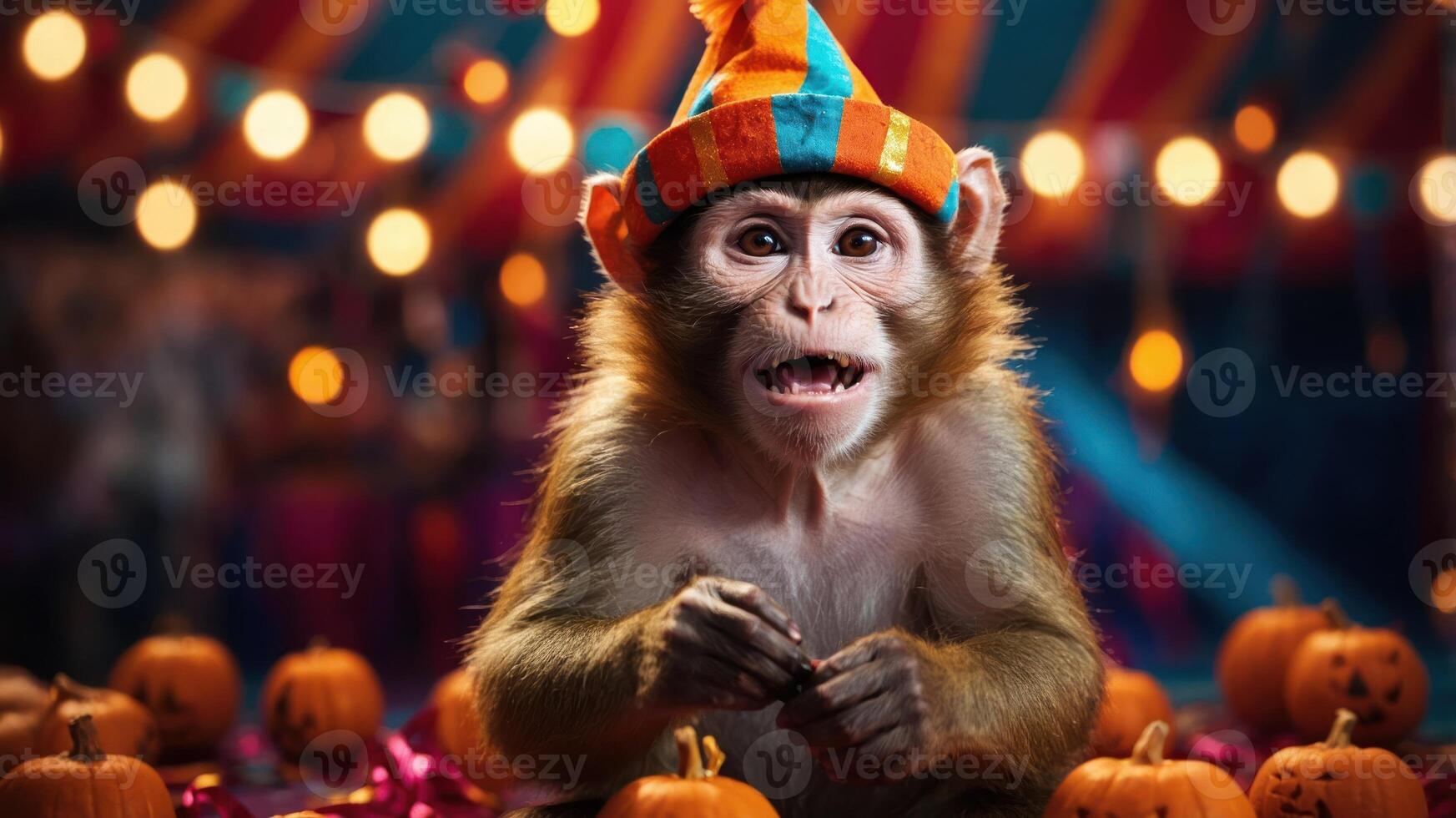 A playful monkey in a colorful hat surrounded by pumpkins at a festive event. photo