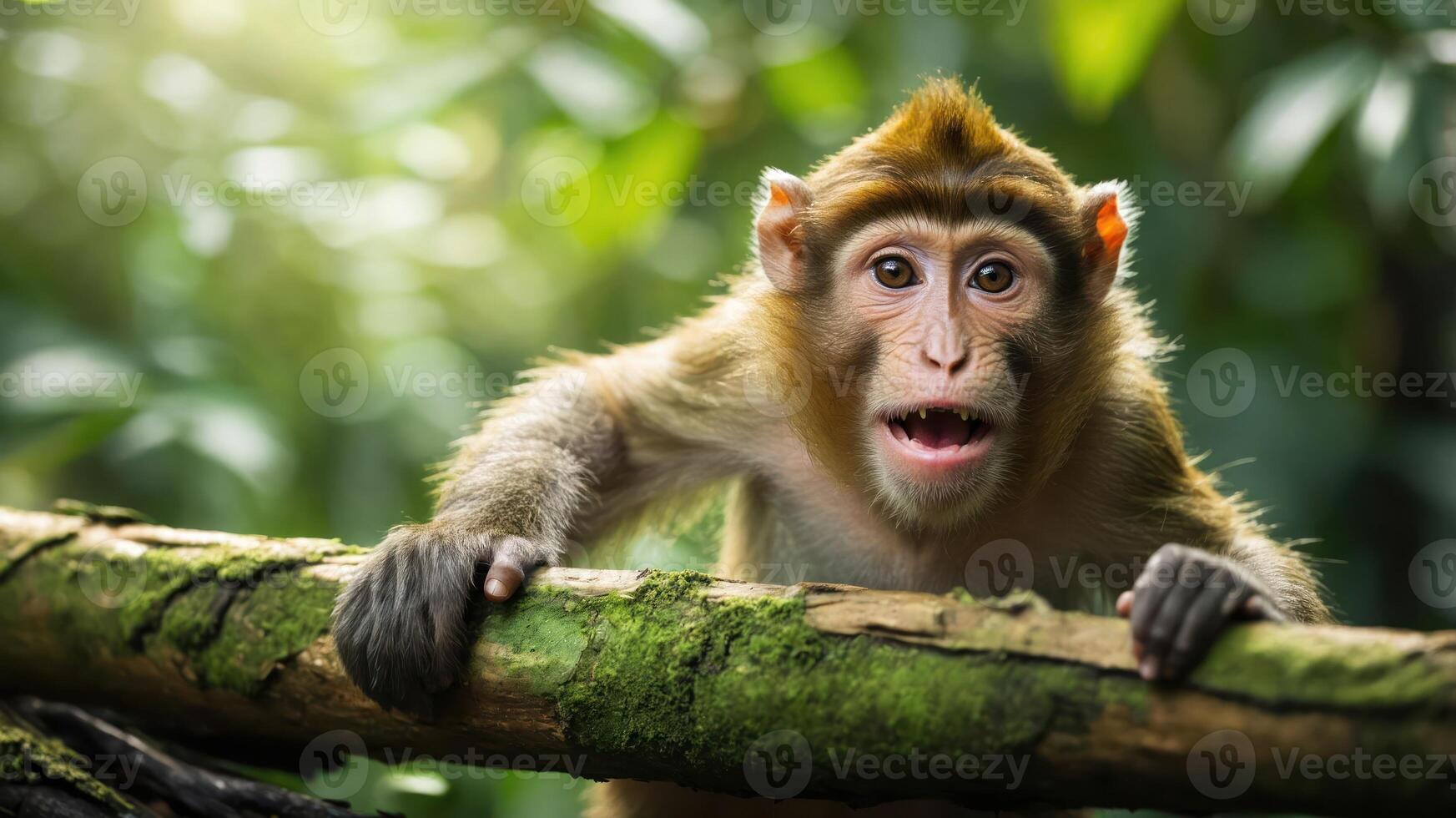 A curious monkey perched on a mossy branch in a lush green environment. photo