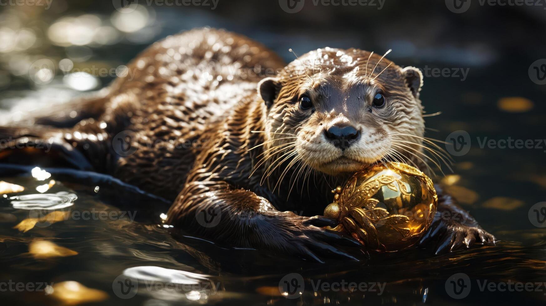 A playful otter holds a golden ball while floating in a shimmering water environment. photo