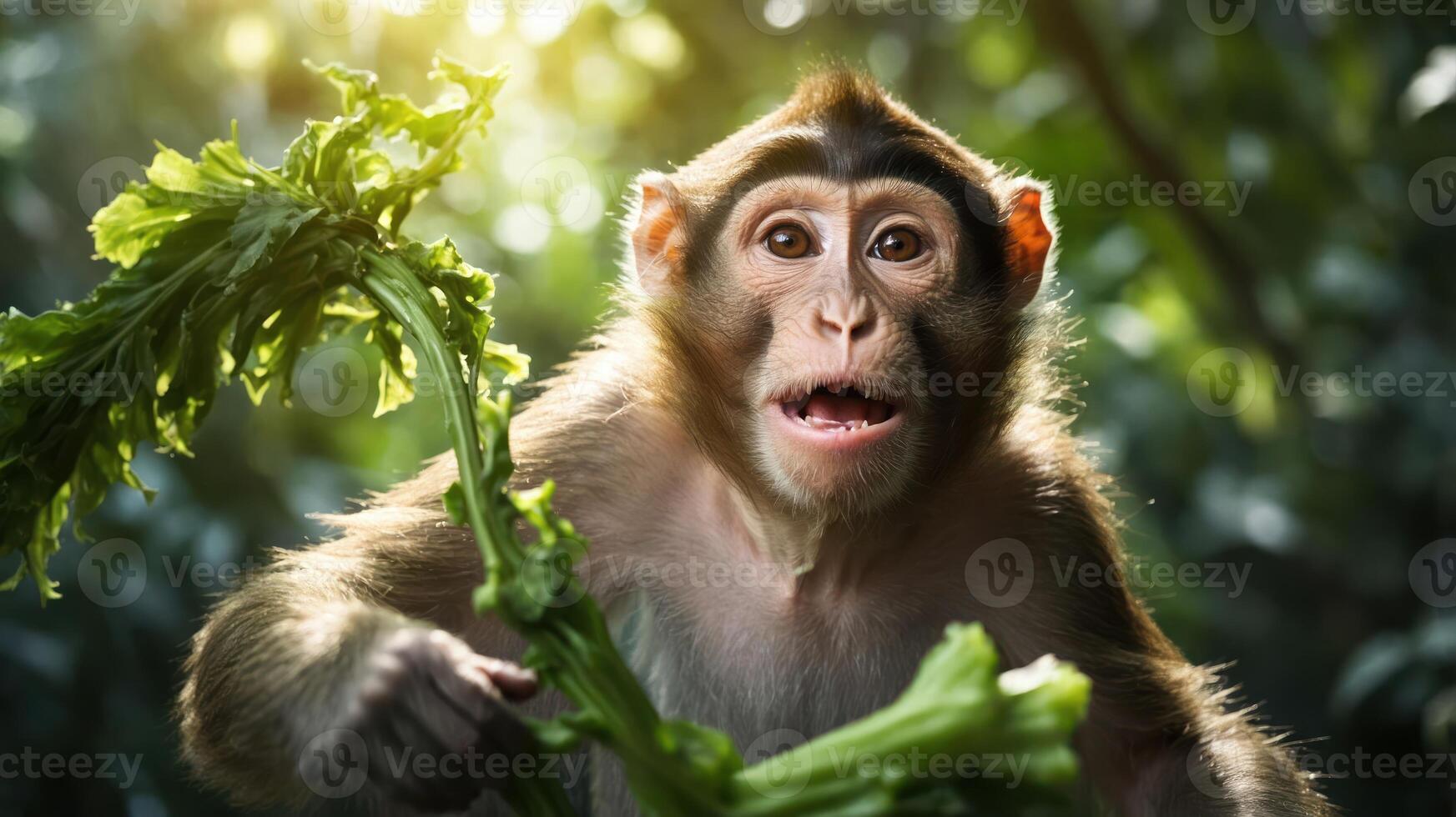 A monkey holding celery in a lush, green environment, showcasing animal behavior and diet. photo