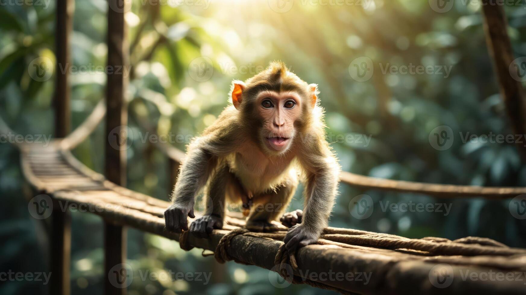 A young monkey exploring a rope bridge in a lush, green jungle setting. photo