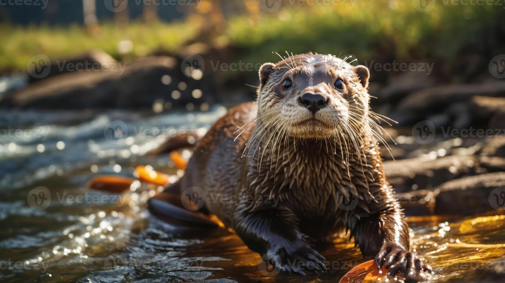 A playful otter emerges from the water, surrounded by nature and sunlight. photo