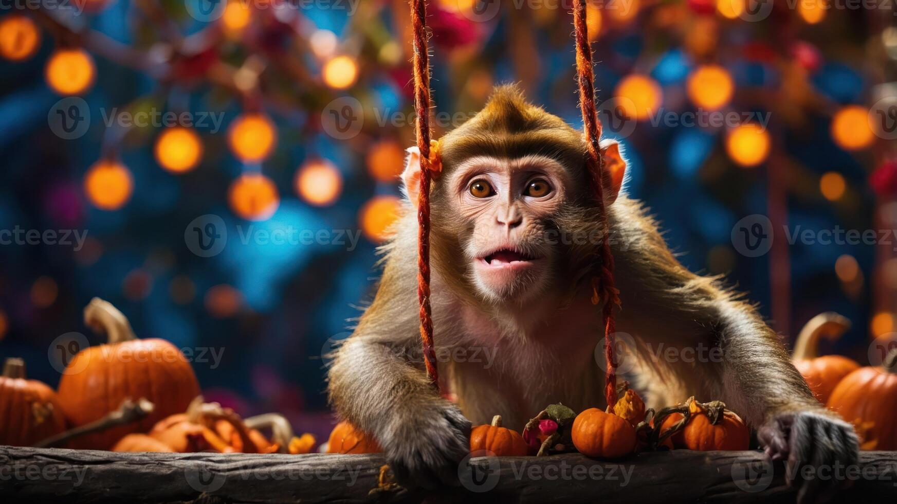 A monkey on a swing surrounded by pumpkins and festive lights, capturing a playful autumn scene. photo