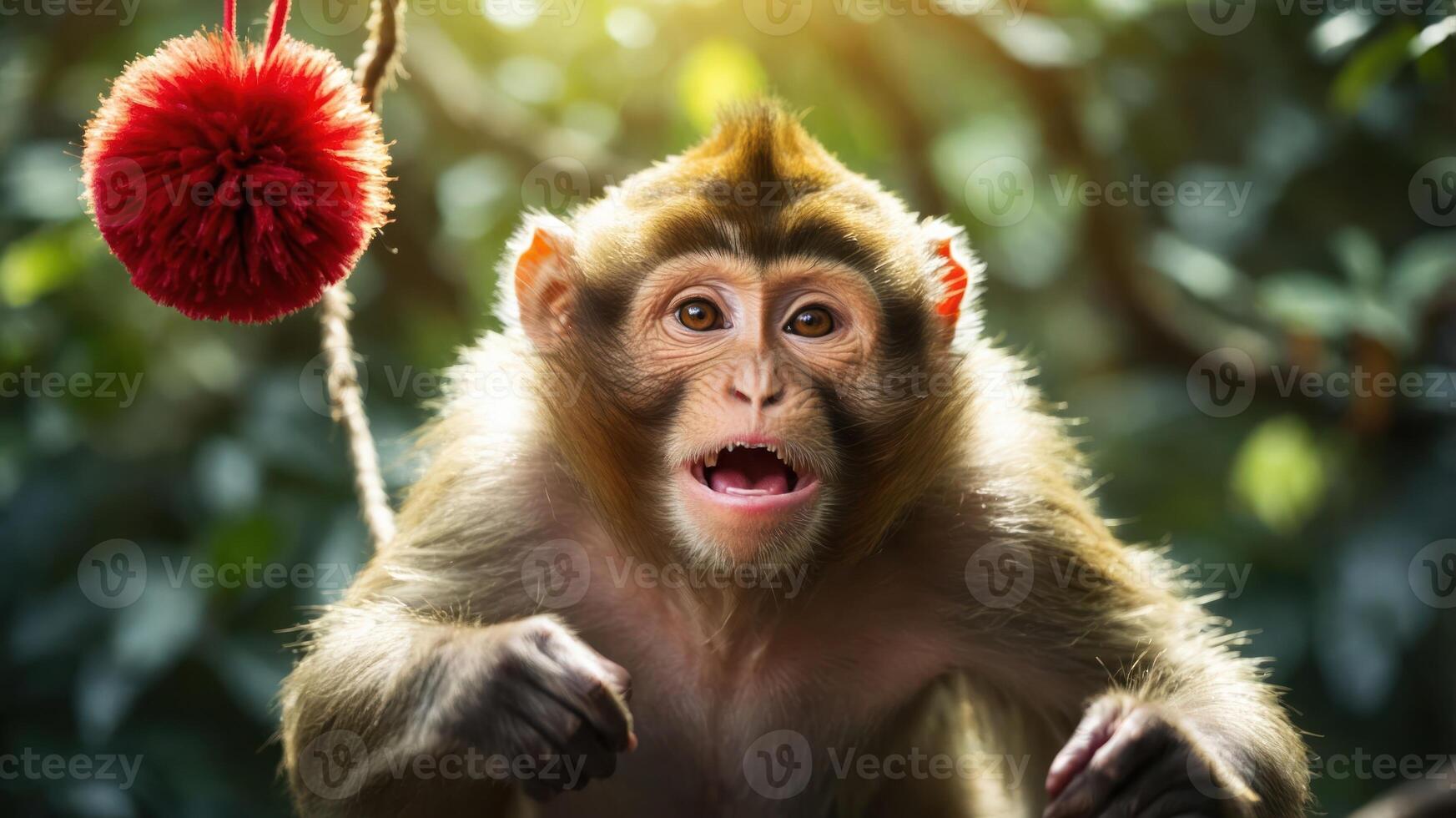 A playful monkey with an expressive face, surrounded by greenery and a red pom-pom toy. photo