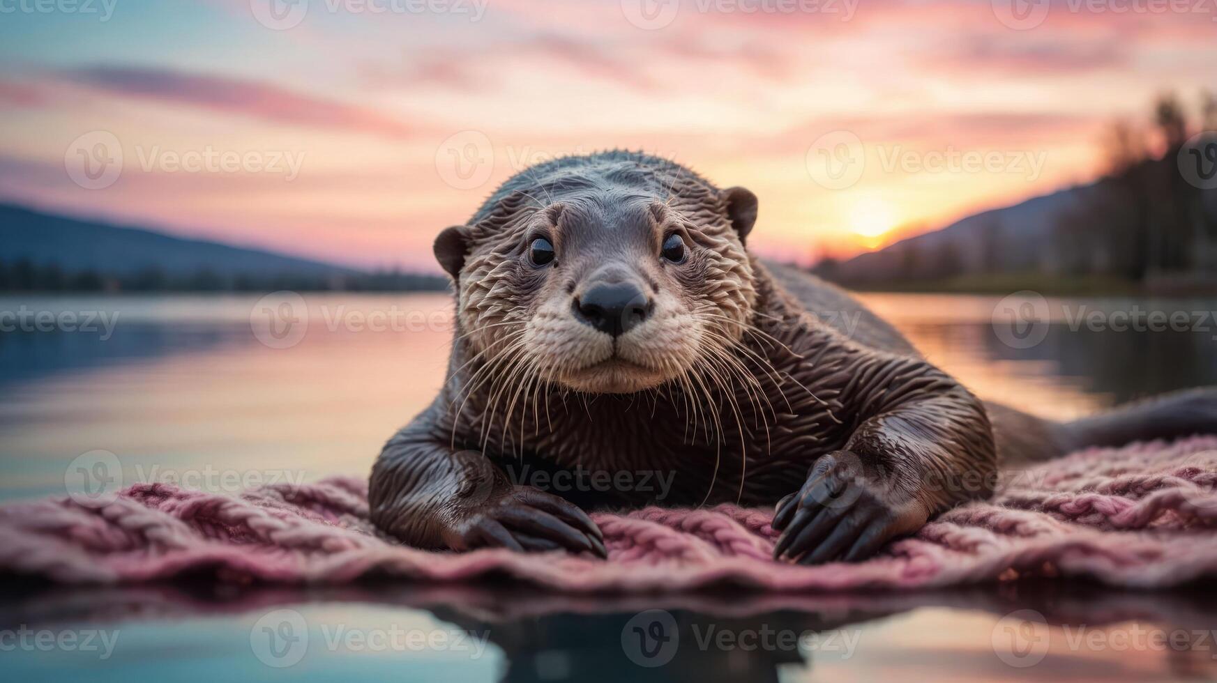 A playful otter relaxing on a cozy blanket by a serene lake at sunset. photo