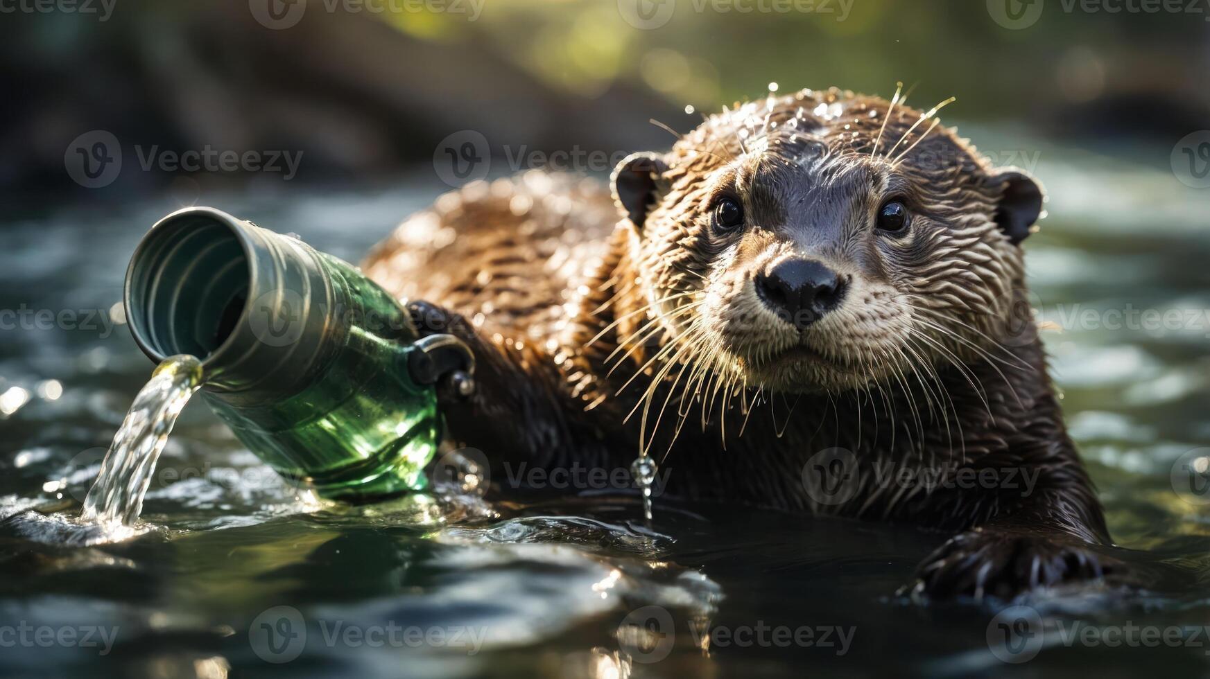 A playful otter holds a cup while water flows from it in a serene natural setting. photo