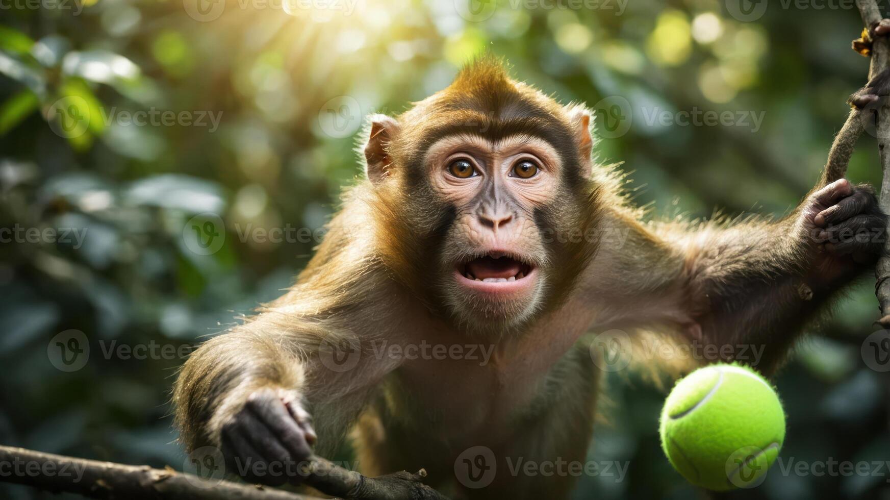 A curious monkey reaching for a green tennis ball in a lush forest setting. photo