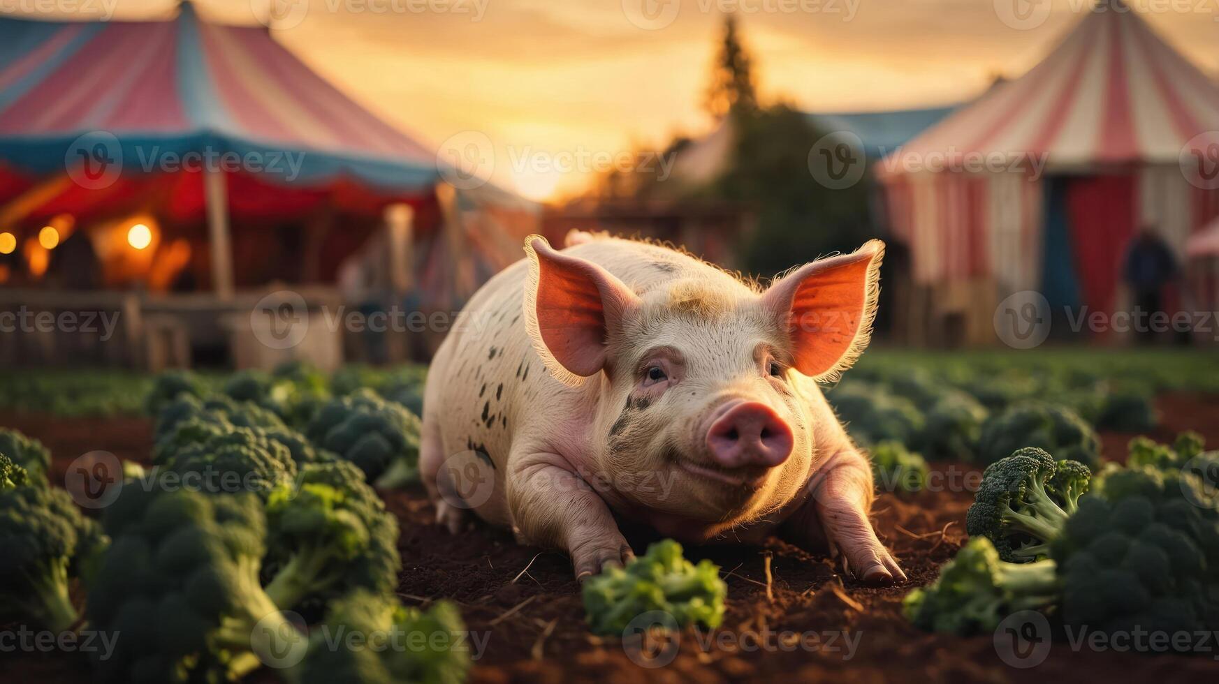 A pig resting among broccoli in a vibrant fairground setting at sunset. photo